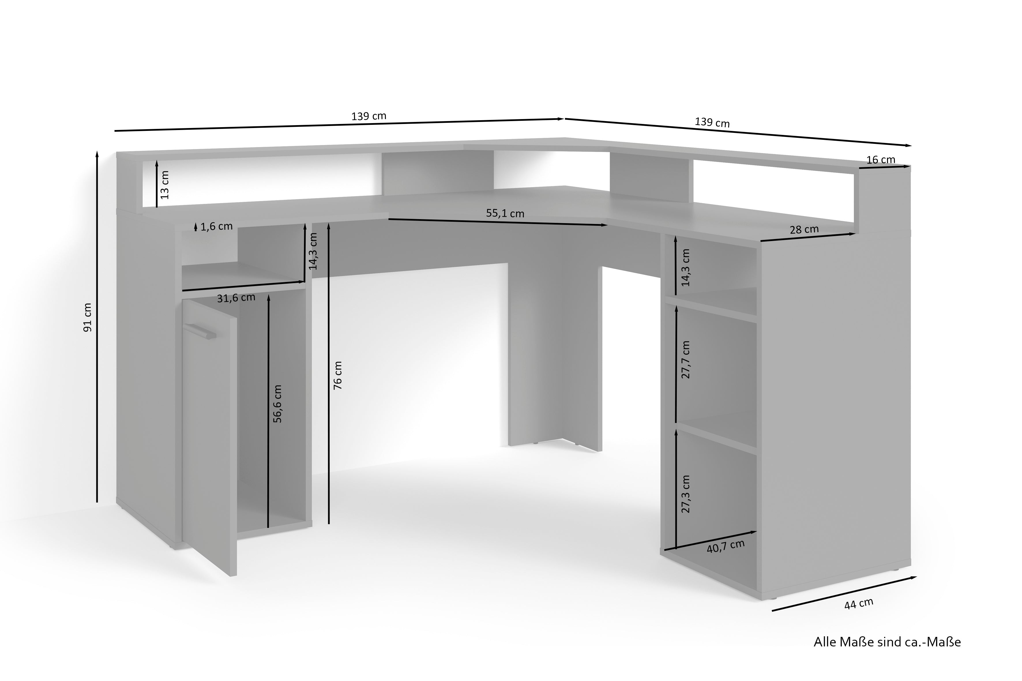 Schreibtisch FOX / Gaming-Tisch in anthrazit, weiß, Old Wood (Altholz-Optik) oder Artisan Eiche (Eiche-Optik) / Mit viel Stauraum und großer Tischplatte / Computer-Tisch / PC / Arbeits-Tisch / B 139, H 90,8, T 139 cm