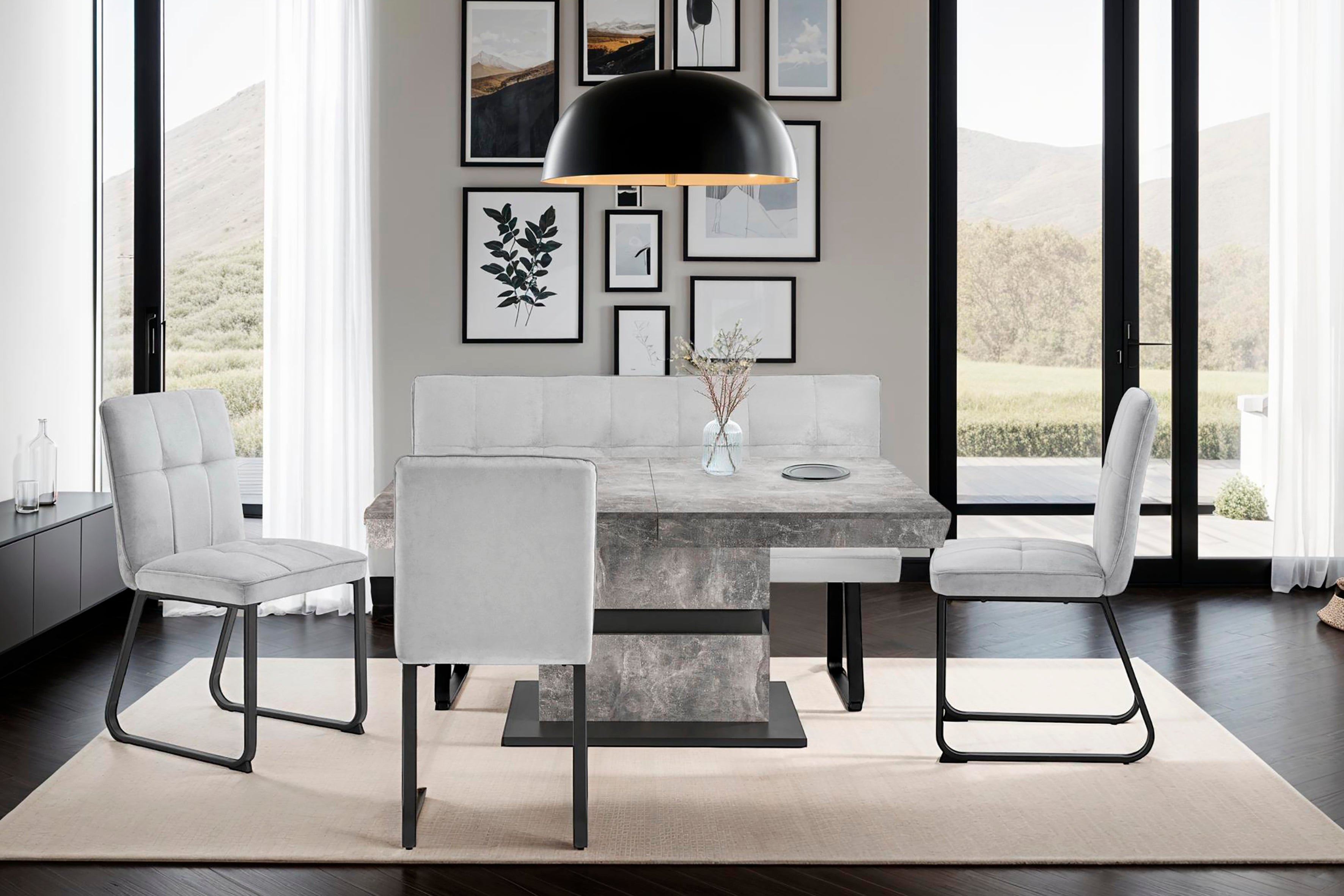 Bank Talea / Moderne Sitzbank mit einem Webstoff-Bezug in dunkelgrau oder hellgrau / Metall Gestell schwarz pulverbeschichtet / Bank mit Rückenlehne / B 140 oder 160, H 92, T 59 cm