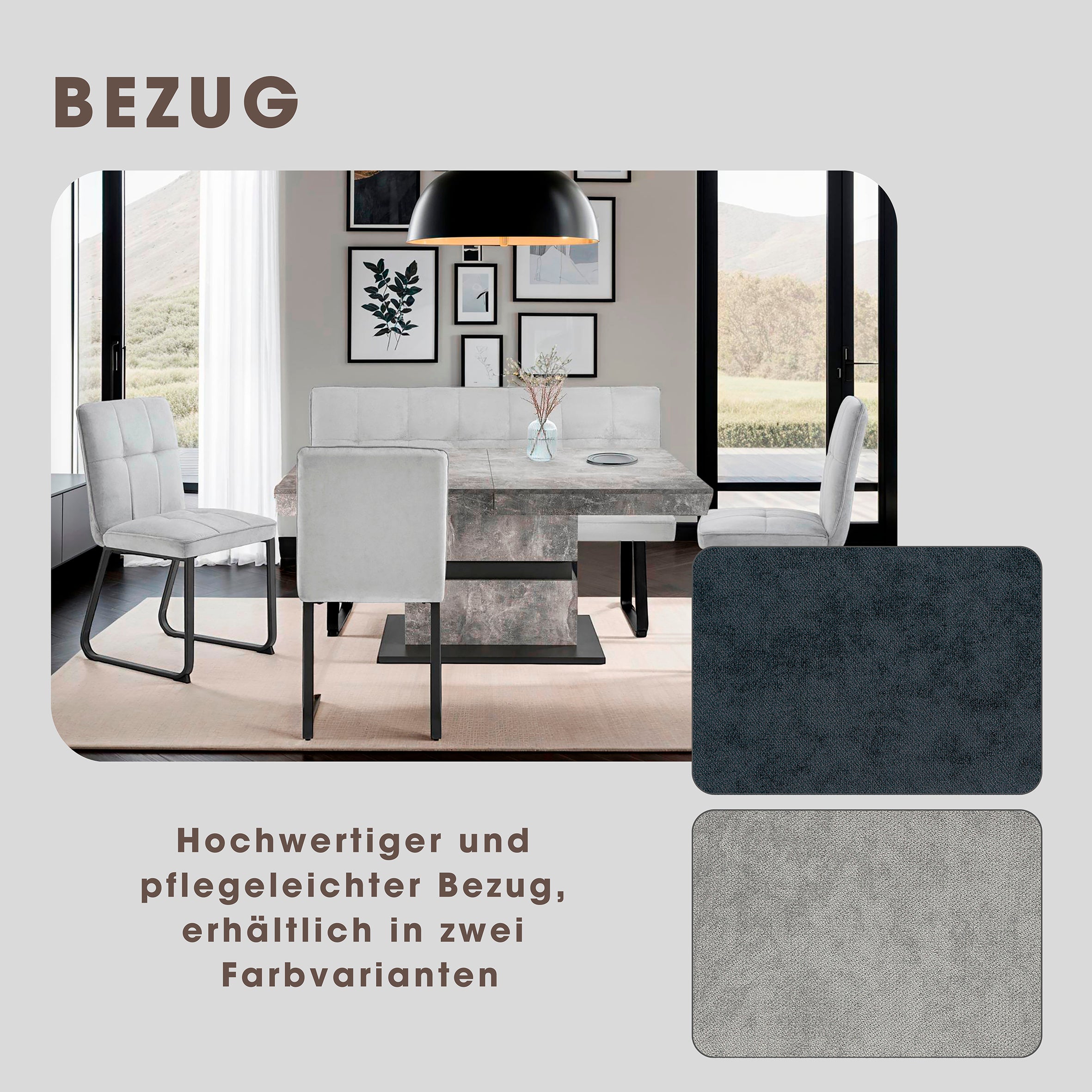 Bank Talea / Moderne Sitzbank mit einem Webstoff-Bezug in dunkelgrau oder hellgrau / Metall Gestell schwarz pulverbeschichtet / Bank mit Rückenlehne / B 140 oder 160, H 92, T 59 cm