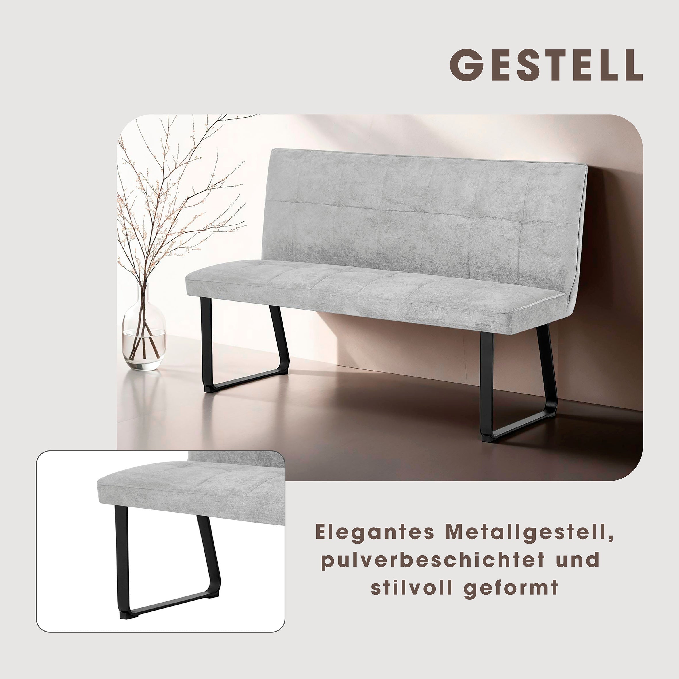 Bank Talea / Moderne Sitzbank mit einem Webstoff-Bezug in dunkelgrau oder hellgrau / Metall Gestell schwarz pulverbeschichtet / Bank mit Rückenlehne / B 140 oder 160, H 92, T 59 cm