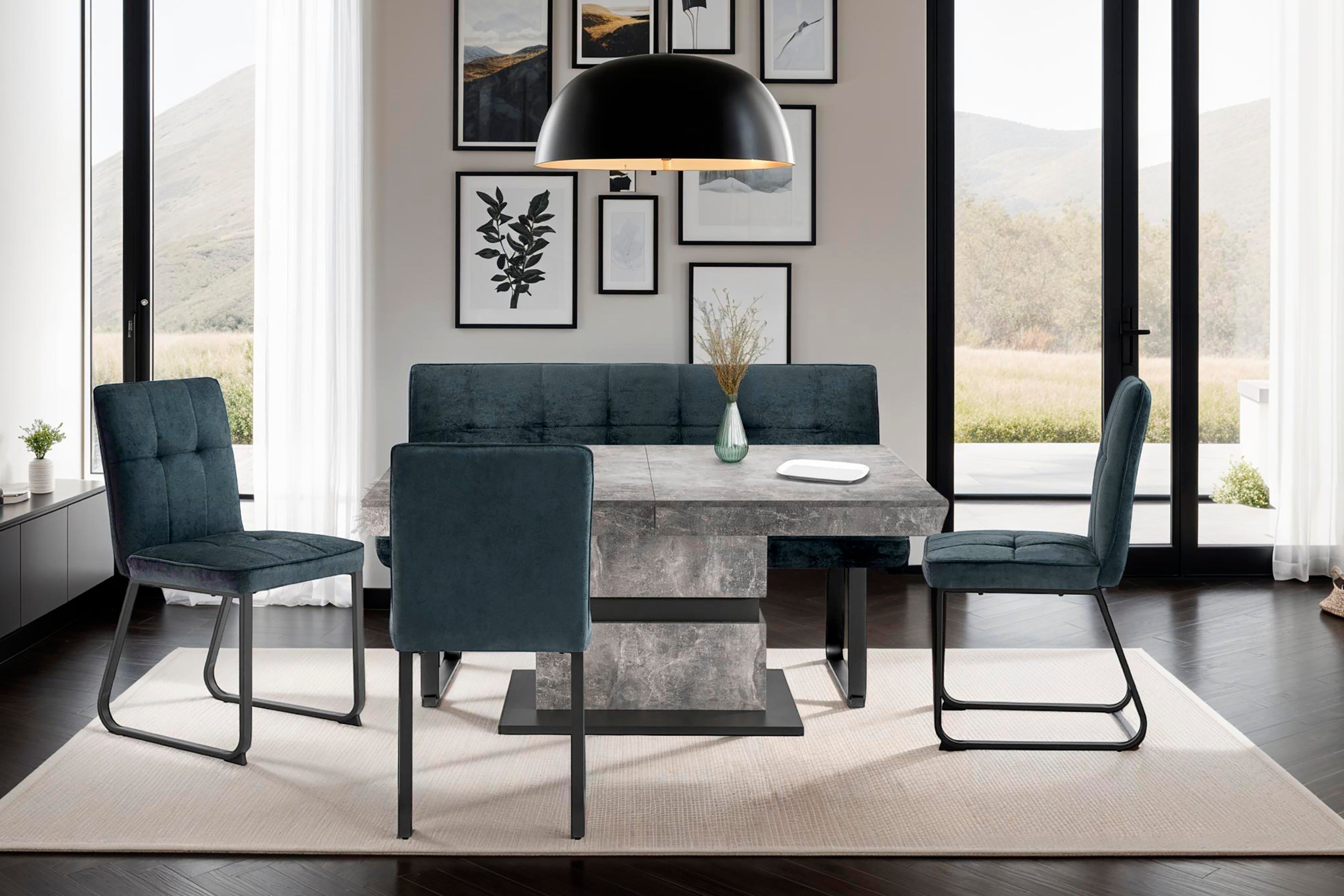 Bank Talea / Moderne Sitzbank mit einem Webstoff-Bezug in dunkelgrau oder hellgrau / Metall Gestell schwarz pulverbeschichtet / Bank mit Rückenlehne / B 140 oder 160, H 92, T 59 cm