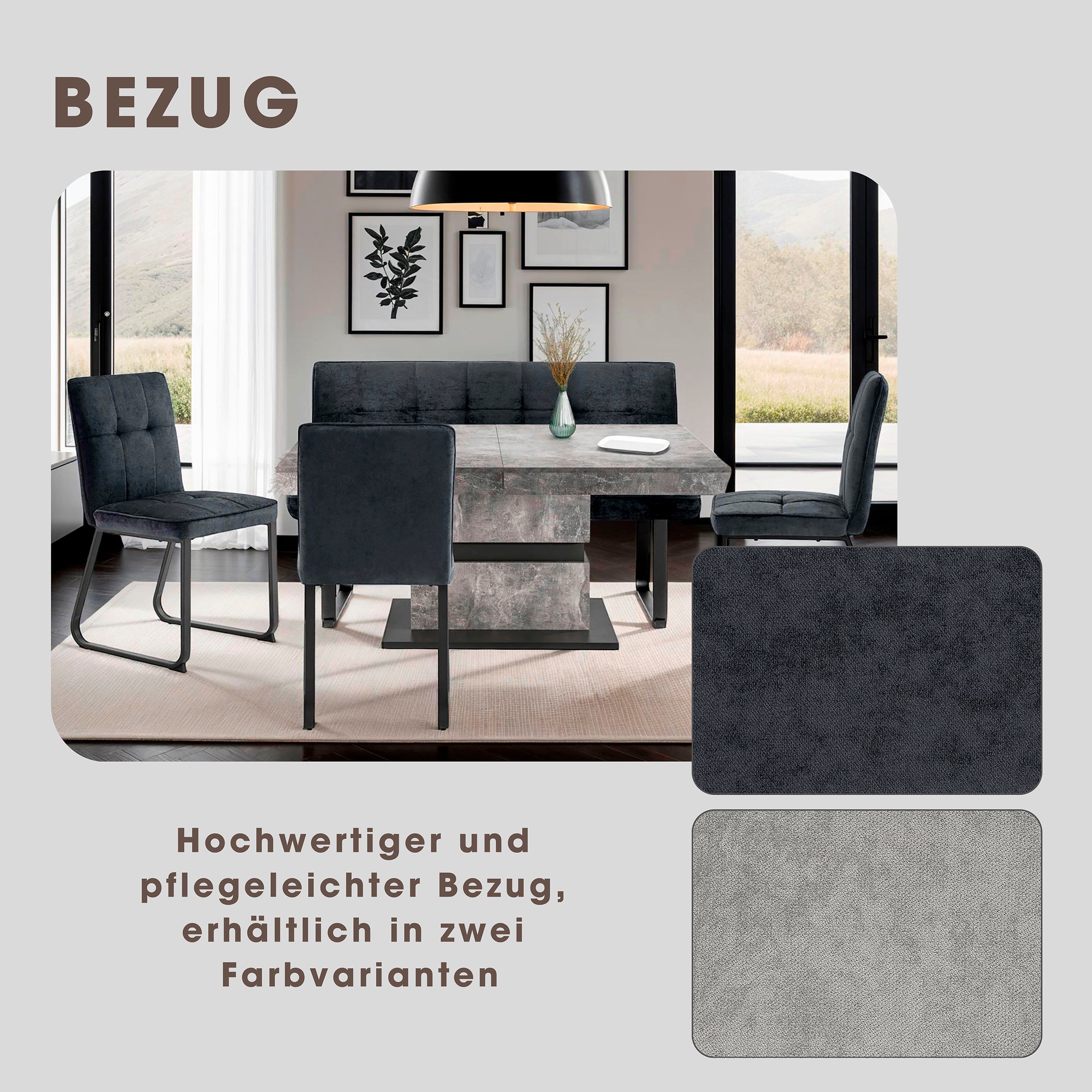 Bank Talea / Moderne Sitzbank mit einem Webstoff-Bezug in dunkelgrau oder hellgrau / Metall Gestell schwarz pulverbeschichtet / Bank mit Rückenlehne / B 140 oder 160, H 92, T 59 cm