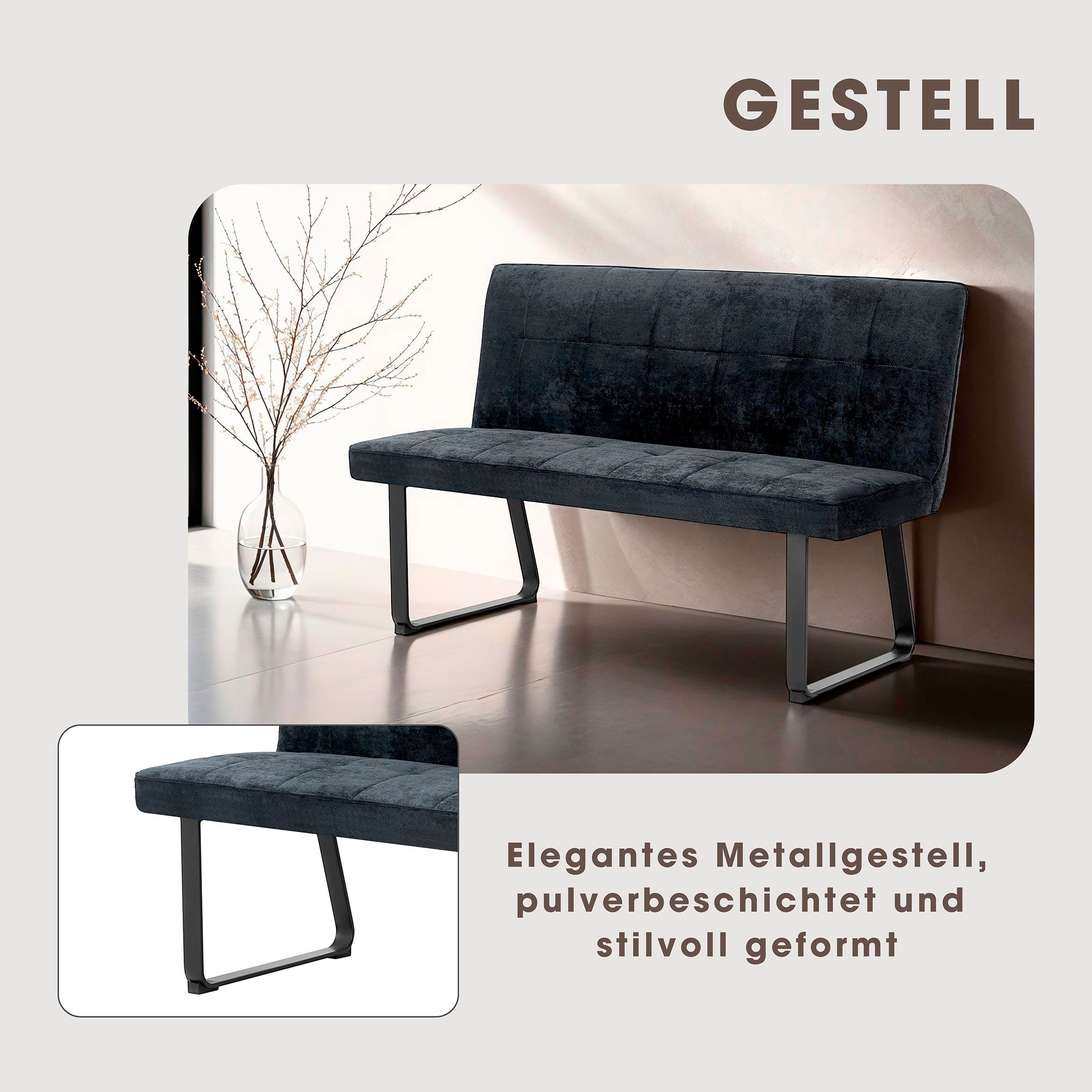 Bank Talea / Moderne Sitzbank mit einem Webstoff-Bezug in dunkelgrau oder hellgrau / Metall Gestell schwarz pulverbeschichtet / Bank mit Rückenlehne / B 140 oder 160, H 92, T 59 cm