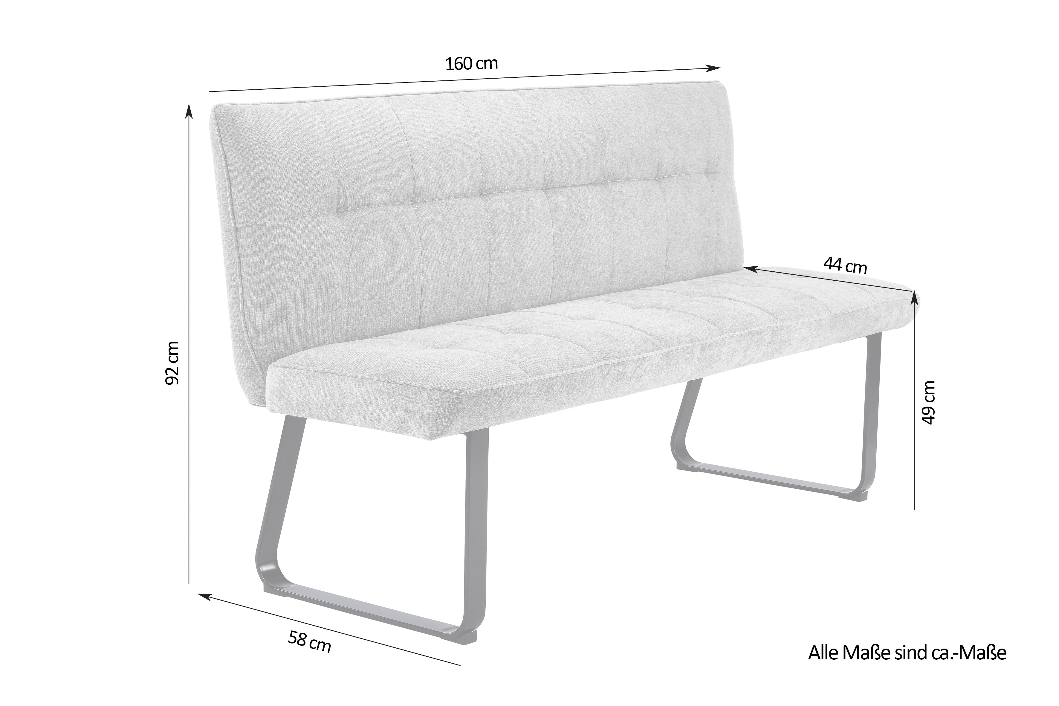 Bank Talea / Moderne Sitzbank mit einem Webstoff-Bezug in dunkelgrau oder hellgrau / Metall Gestell schwarz pulverbeschichtet / Bank mit Rückenlehne / B 140 oder 160, H 92, T 59 cm