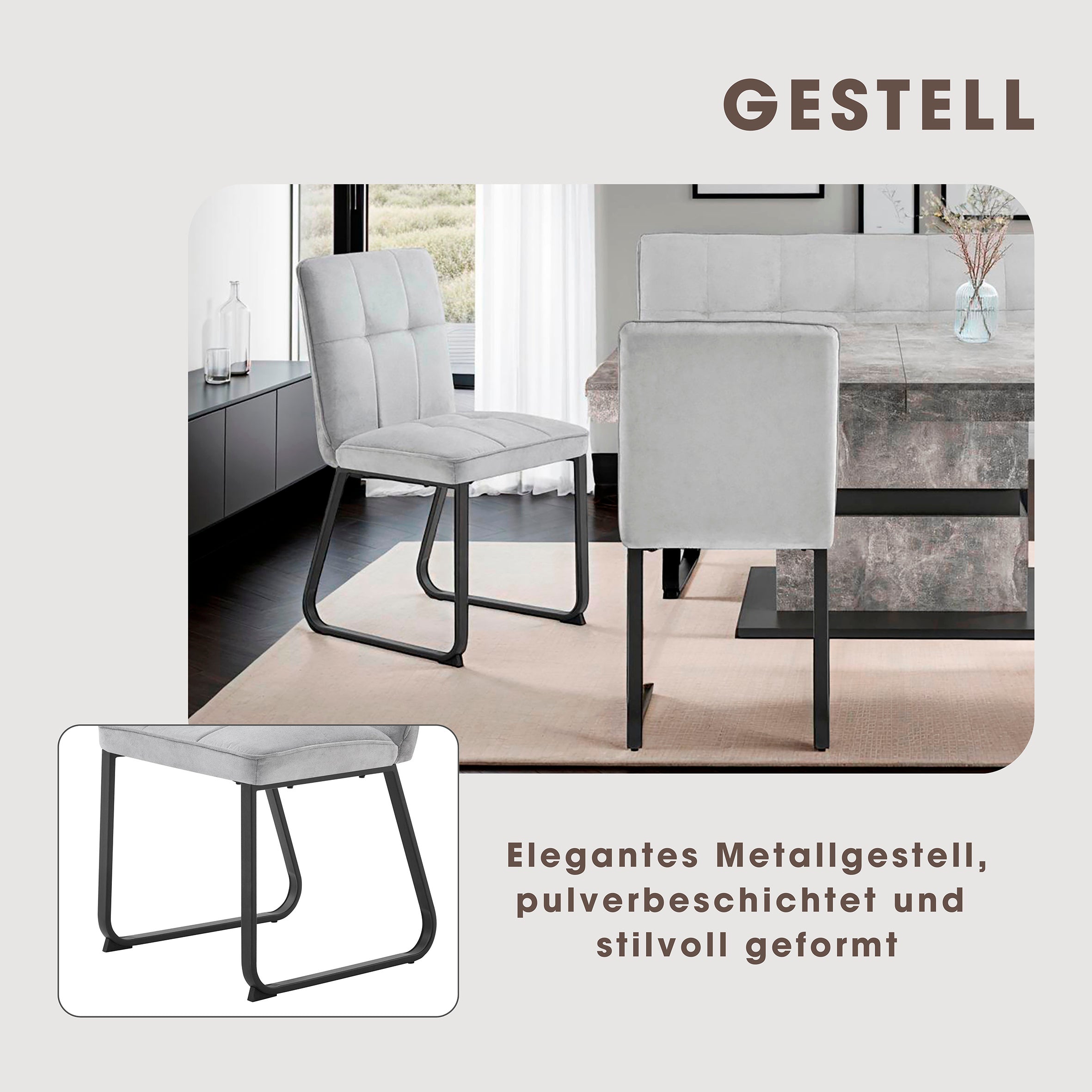Esszimmerstuhl 2er Set Talea / Webstoff in dunkelgrau oder hellgrau / Gestell Metall in schwarz pulverbeschichtet / Küchenstuhl / Wohnzimmerstuhl / bis 120 kg / B 46, H 86, T 55 cm