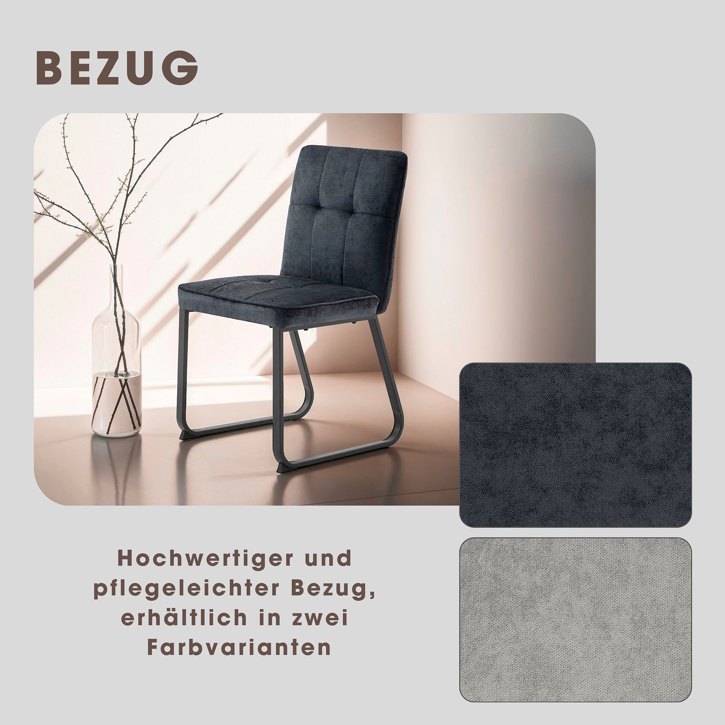 Esszimmerstuhl 2er Set Talea / Webstoff in dunkelgrau oder hellgrau / Gestell Metall in schwarz pulverbeschichtet / Küchenstuhl / Wohnzimmerstuhl / bis 120 kg / B 46, H 86, T 55 cm