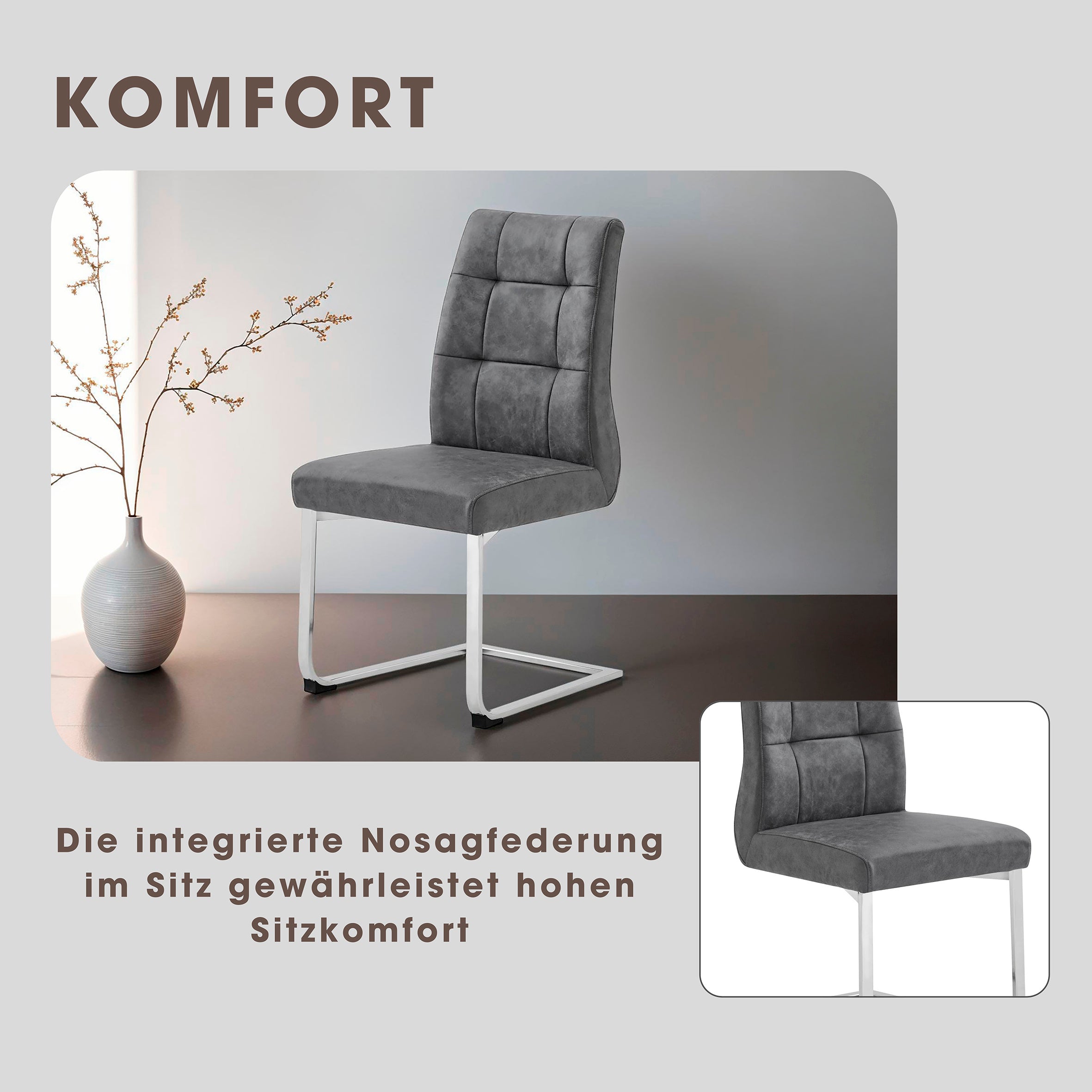 2er Set Schwingstuhl MARLEN XXL / Vintage-Stoff anthrazit, Vintage-Stoff braun Gestell verchromt oder Webstoff dunkelgrau Gestell schwarz / Küchenstühle / Esszimmerstühle / Polsterstuhl / Stühle / B 47, H 96, T 62 cm