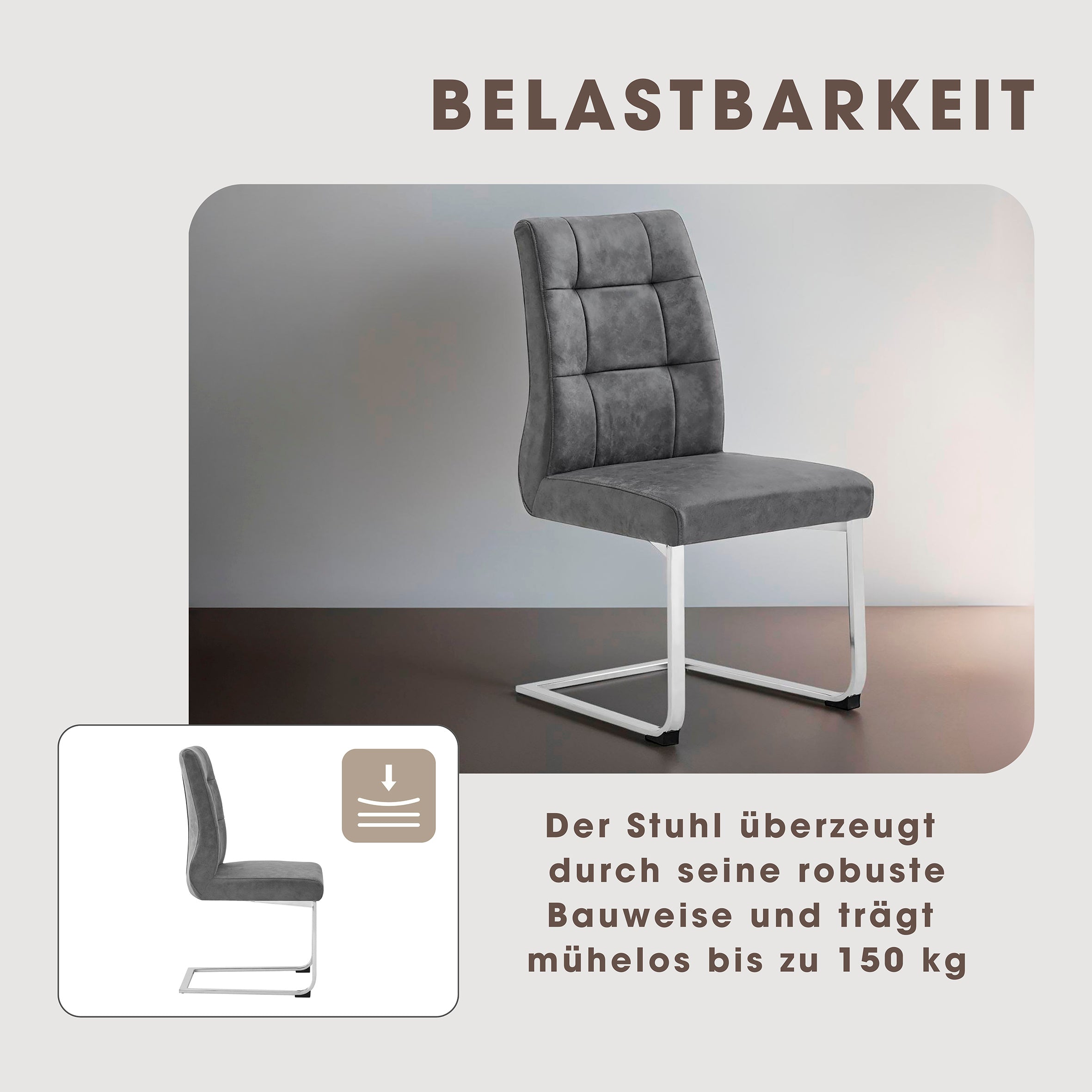 2er Set Schwingstuhl MARLEN XXL / Vintage-Stoff anthrazit, Vintage-Stoff braun Gestell verchromt oder Webstoff dunkelgrau Gestell schwarz / Küchenstühle / Esszimmerstühle / Polsterstuhl / Stühle / B 47, H 96, T 62 cm