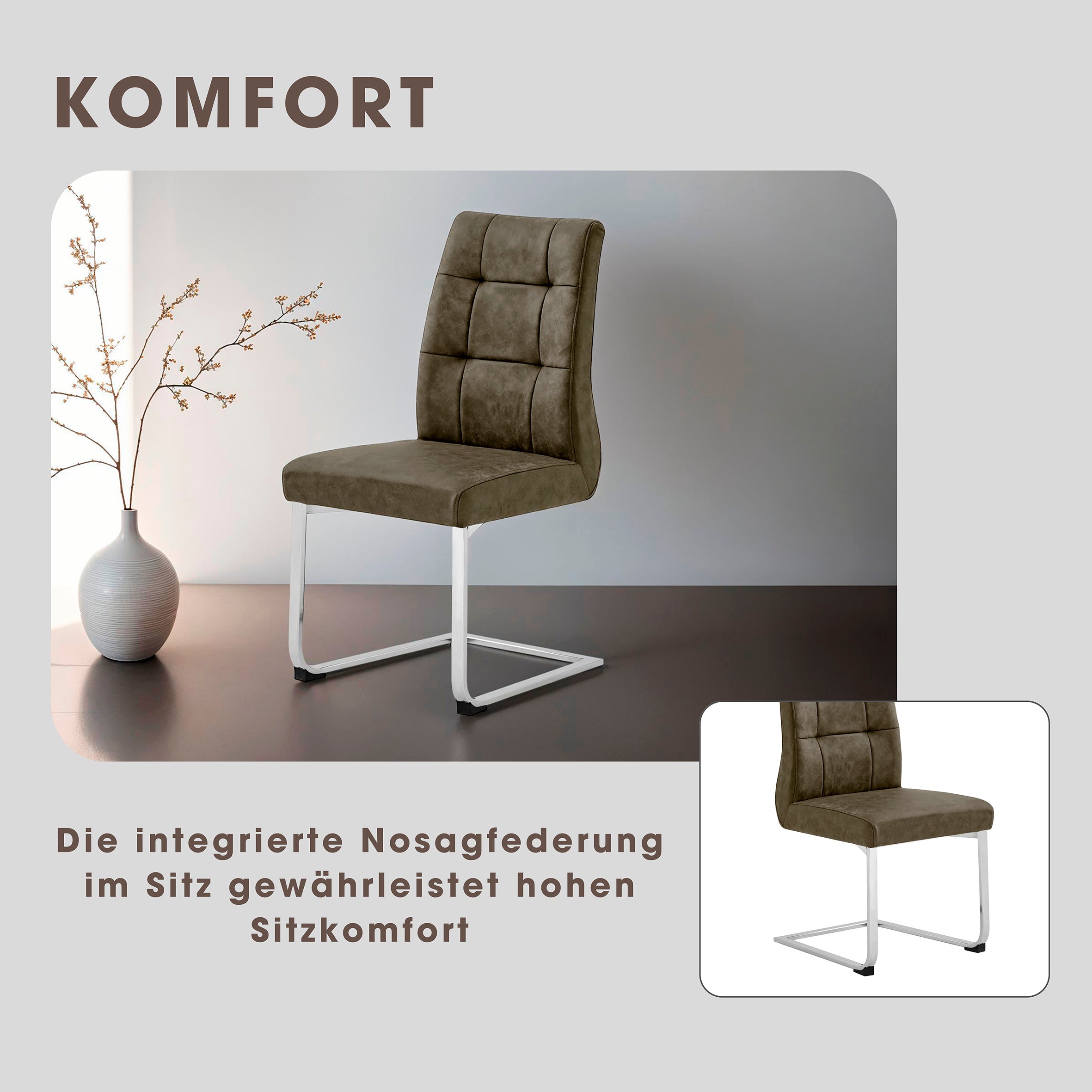 2er Set Schwingstuhl MARLEN XXL / Vintage-Stoff anthrazit, Vintage-Stoff braun Gestell verchromt oder Webstoff dunkelgrau Gestell schwarz / Küchenstühle / Esszimmerstühle / Polsterstuhl / Stühle / B 47, H 96, T 62 cm