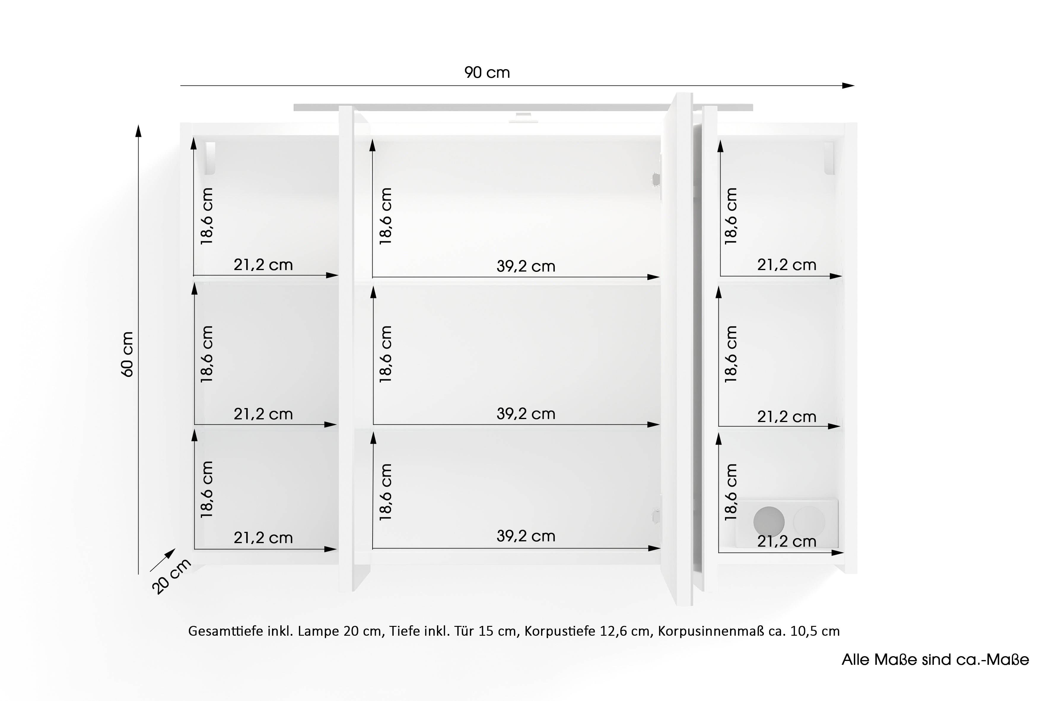 byLIVING Spiegelschrank SPREE / Korpus matt weiß oder anthrazit mit Spiegeltüren / Hängeschrank mit Soft-Close-Funktion / Inklusive LED-Beleuchtung / Badschrank mit Stecker- und Schalterdose / B 90, H 60, T 20 cm