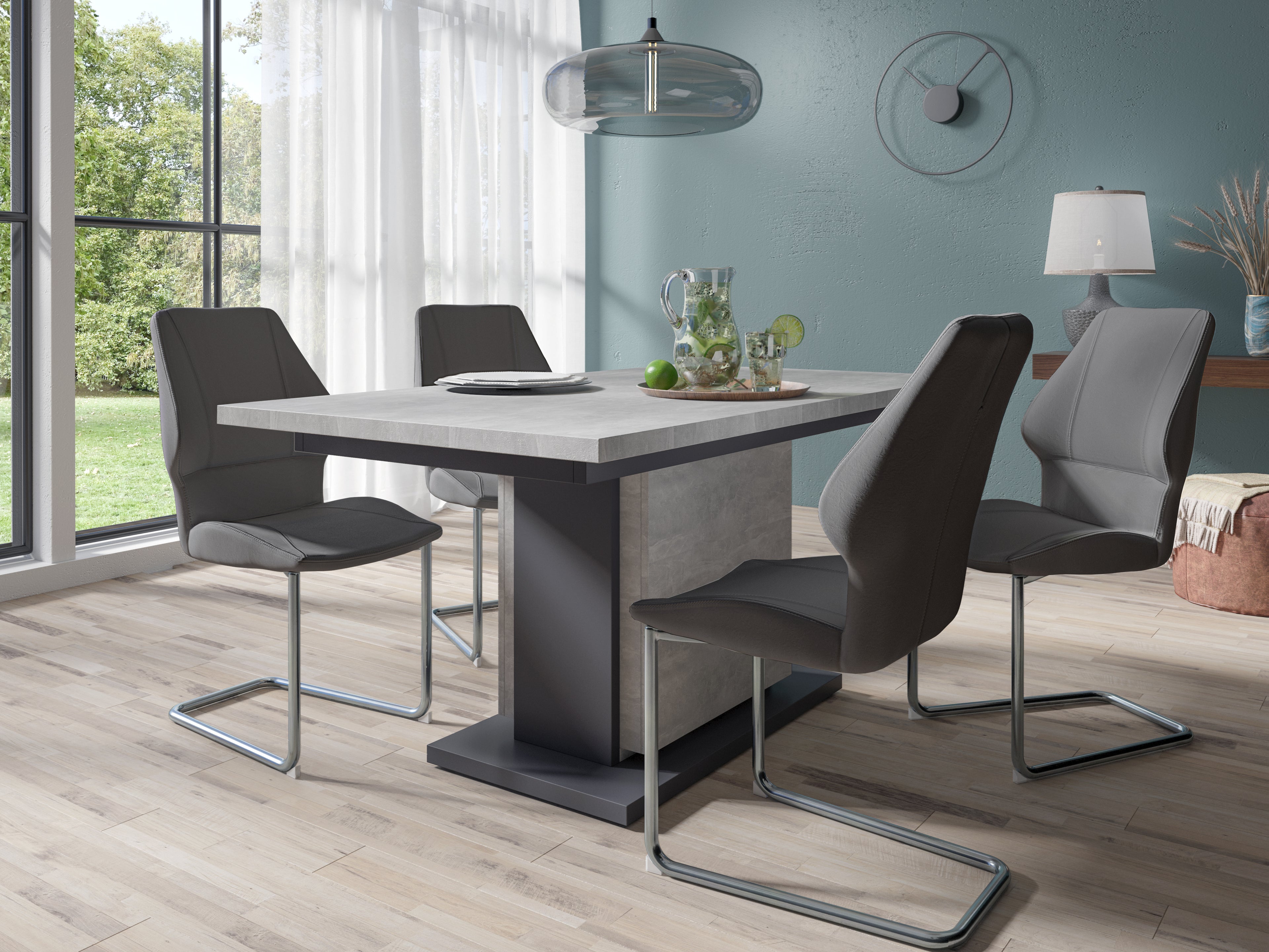 Säulentisch mit Auszug BRITTA / Melamin Old Wood (Altholz-Optik) oder Light Atelier (Beton-Optik), anthrazit / 140-190 x 75 x 80 cm / Auszugstisch / Esszimmer-Tisch auf 190 cm ausziehbar