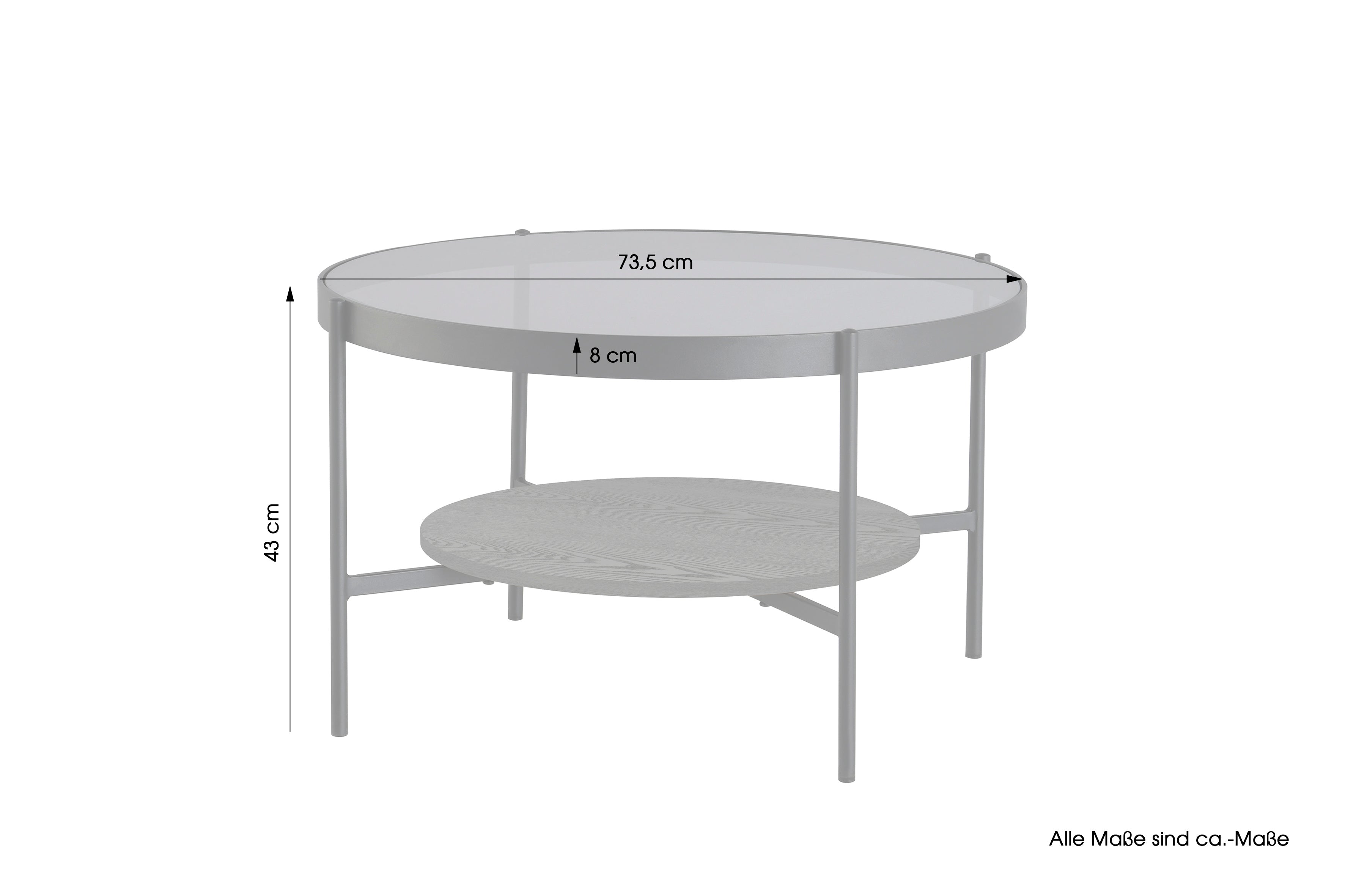 Couchtisch OHIO / Tischplatte Rauchglas grau / Ablageboden MDF Echtholzfurnier schwarz / Gestell Metall schwarz / D 73,5, H 42,5 cm