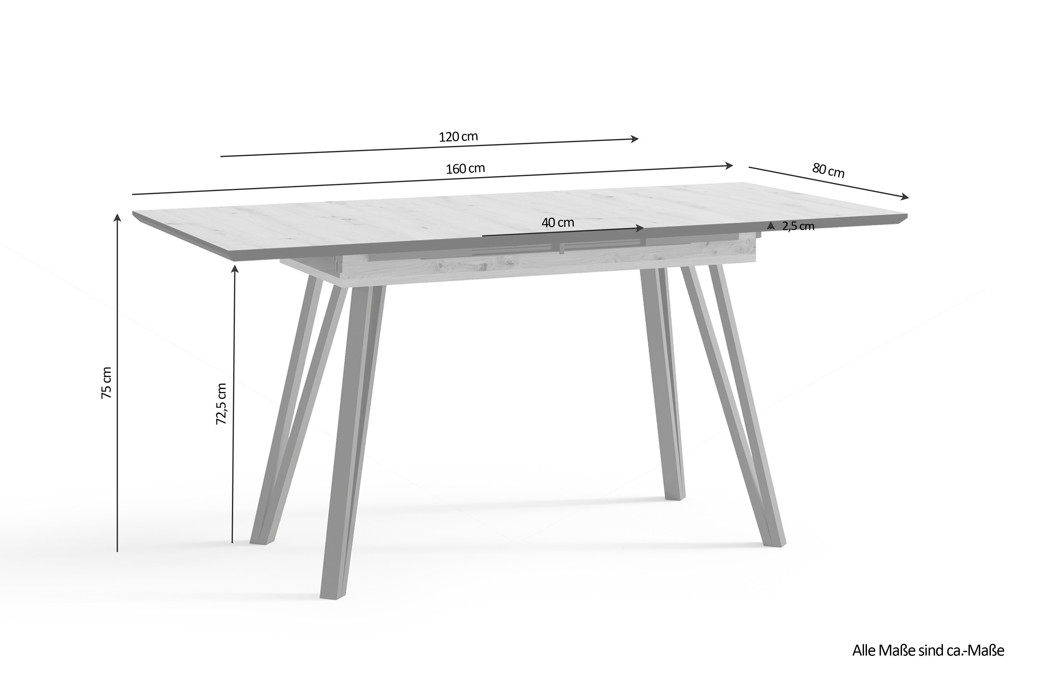 Esstisch BERLIN / Tischplatte Artisan Eiche / Gestell Metall schwarz / mit Auszug / B 120 - 160, H 75, T 80 cm