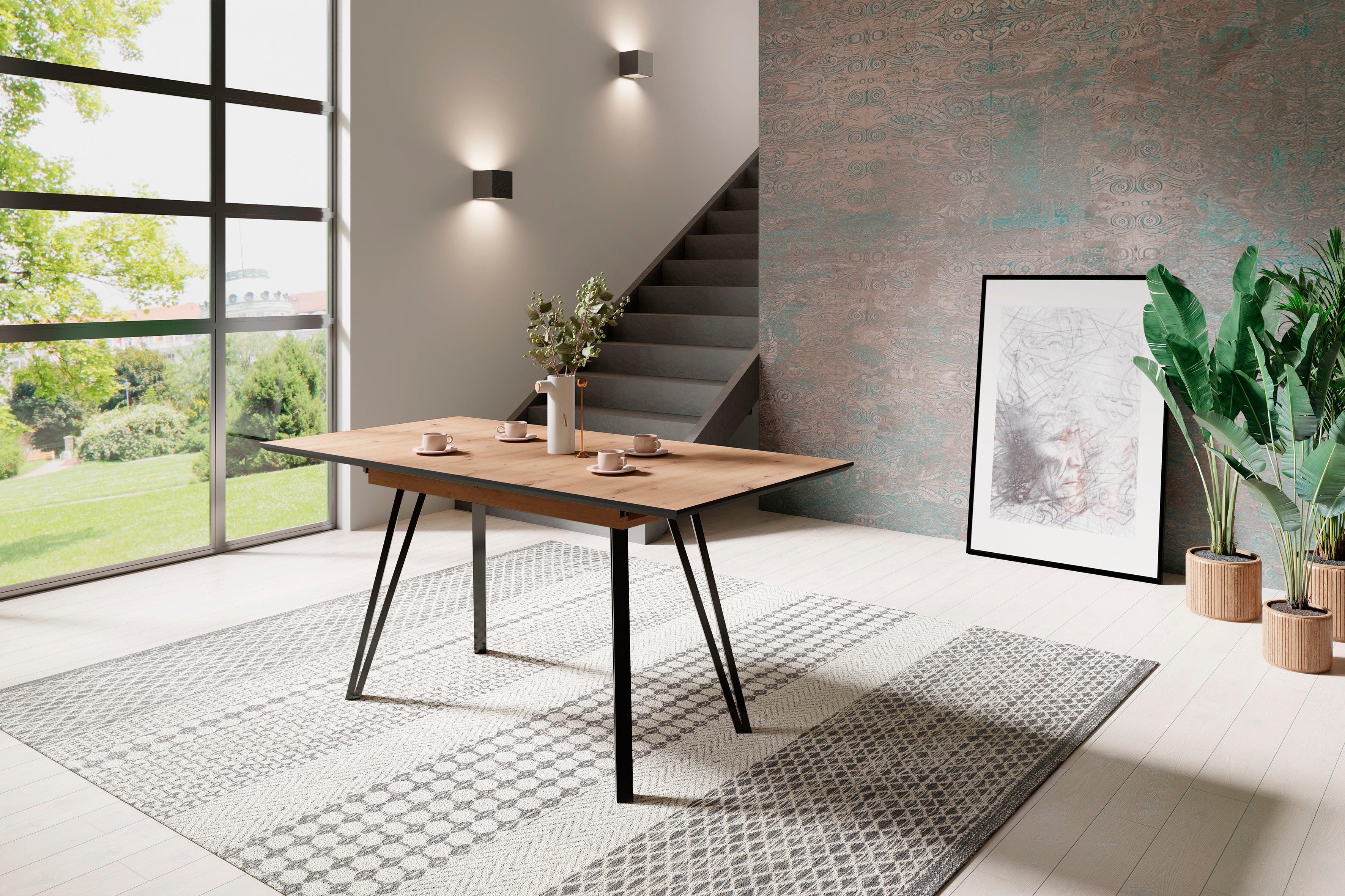 Esstisch BERLIN / Tischplatte Artisan Eiche / Gestell Metall schwarz / mit Auszug / B 120 - 160, H 75, T 80 cm