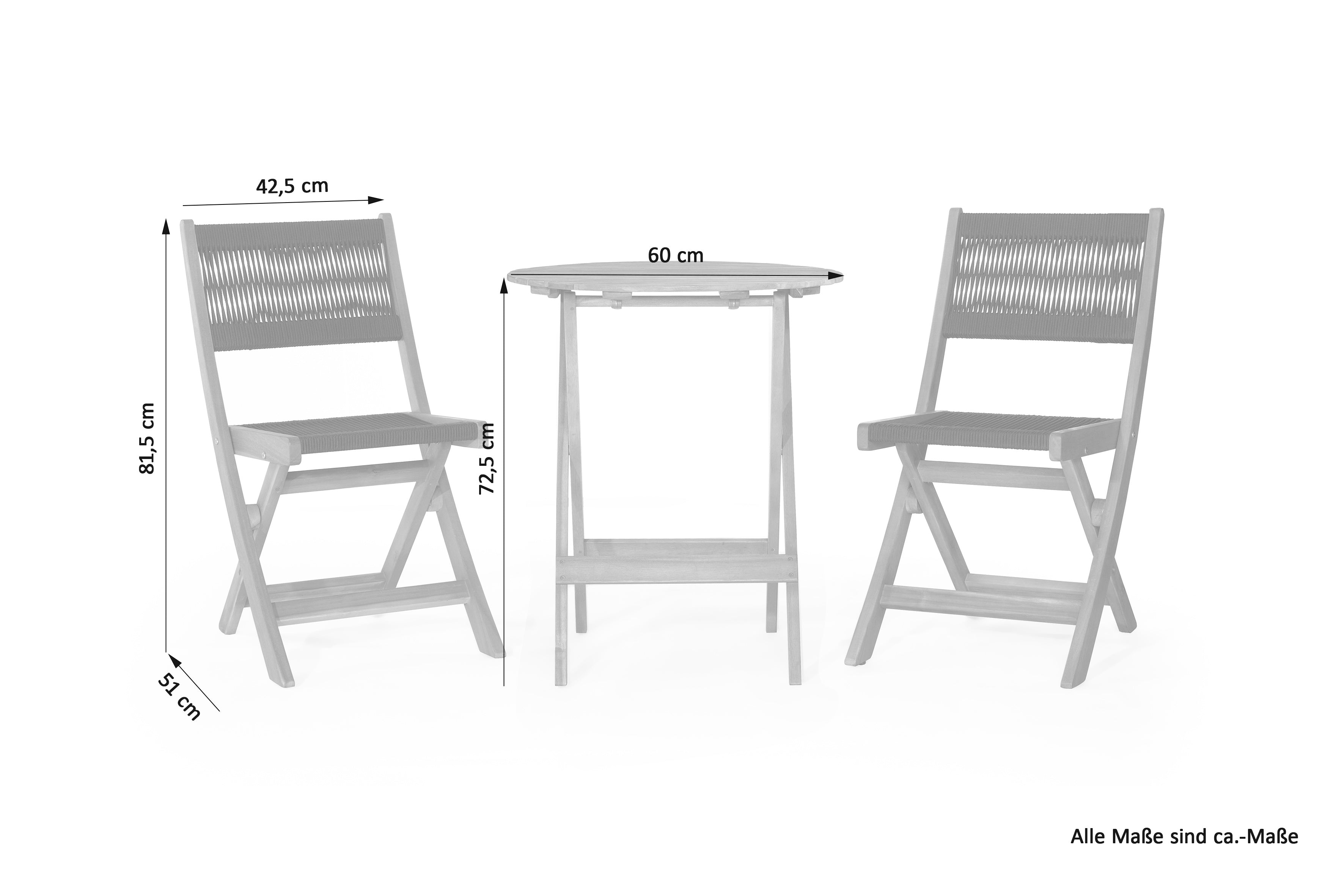 Balkonset BISTRO / Akazie teakfarbig geölt, massiv / Seilgeflecht schwarz / B 42,5, H 81,5, T 51 cm / D 60, H 72,5 cm