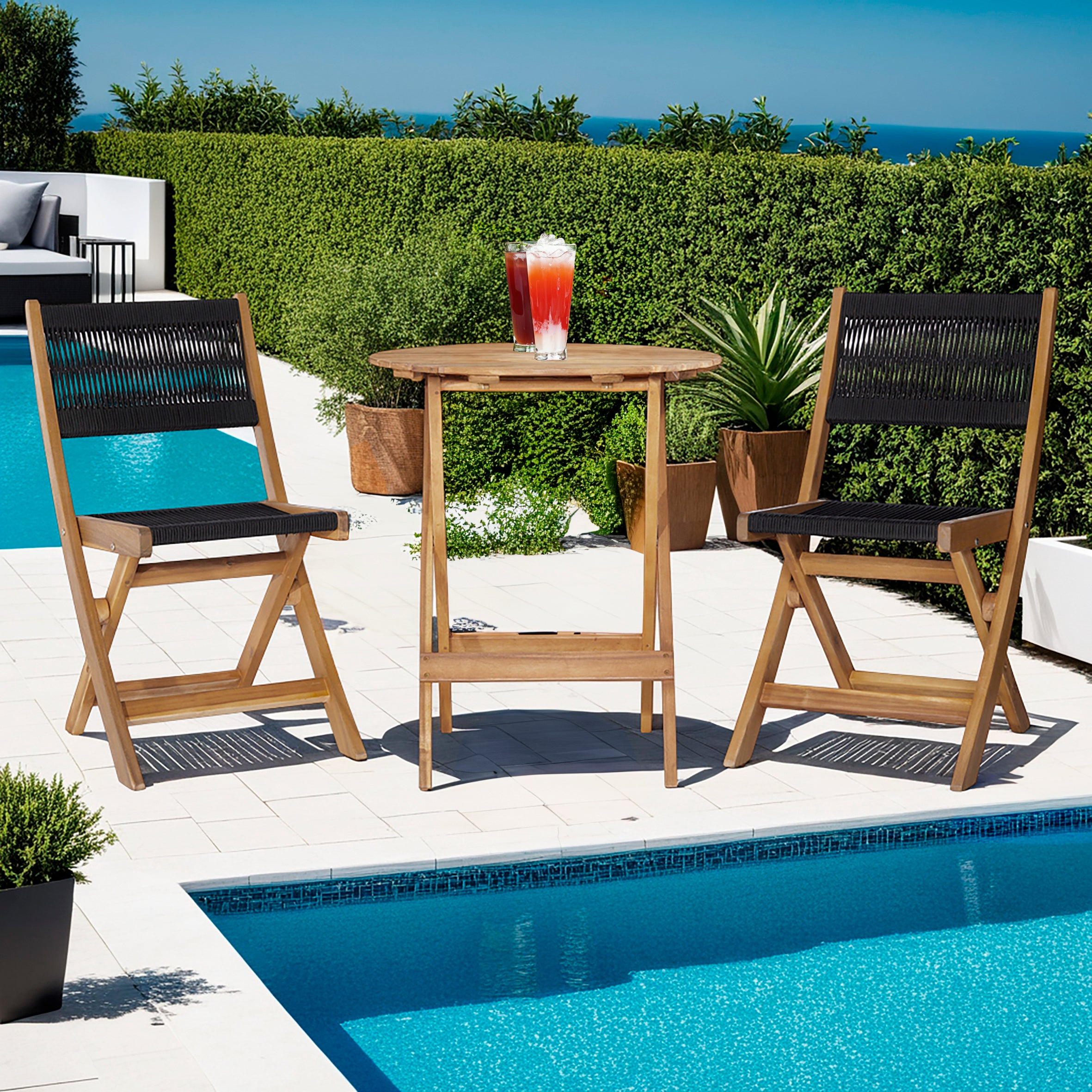 Balkonset BISTRO / Akazie teakfarbig geölt, massiv / Seilgeflecht schwarz / B 42,5, H 81,5, T 51 cm / D 60, H 72,5 cm