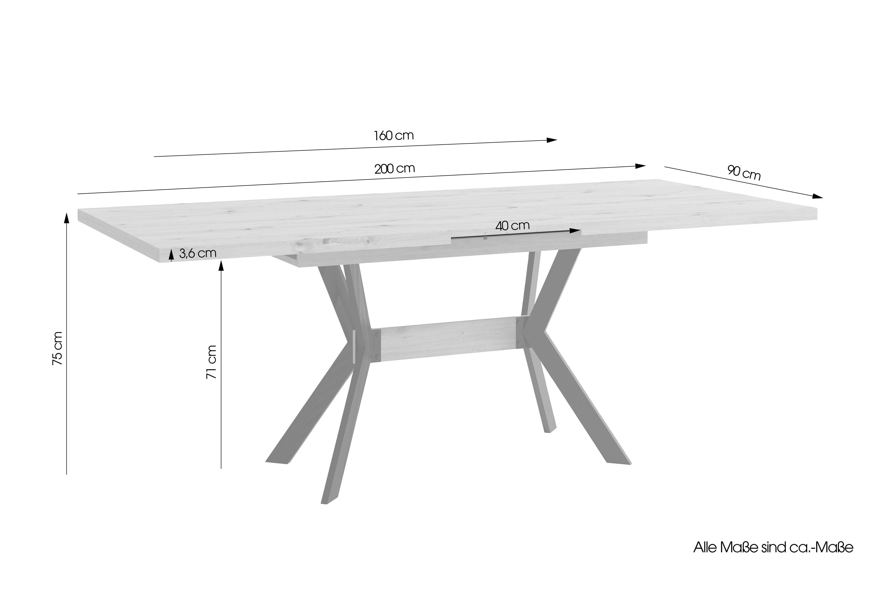 Esstisch BREMEN / Tischplatte Artisan Eiche (Eiche-Optik) oder schwarz/ Gestell Metall schwarz / mit Auszug / B 160 - 200, H 75, T 90 cm