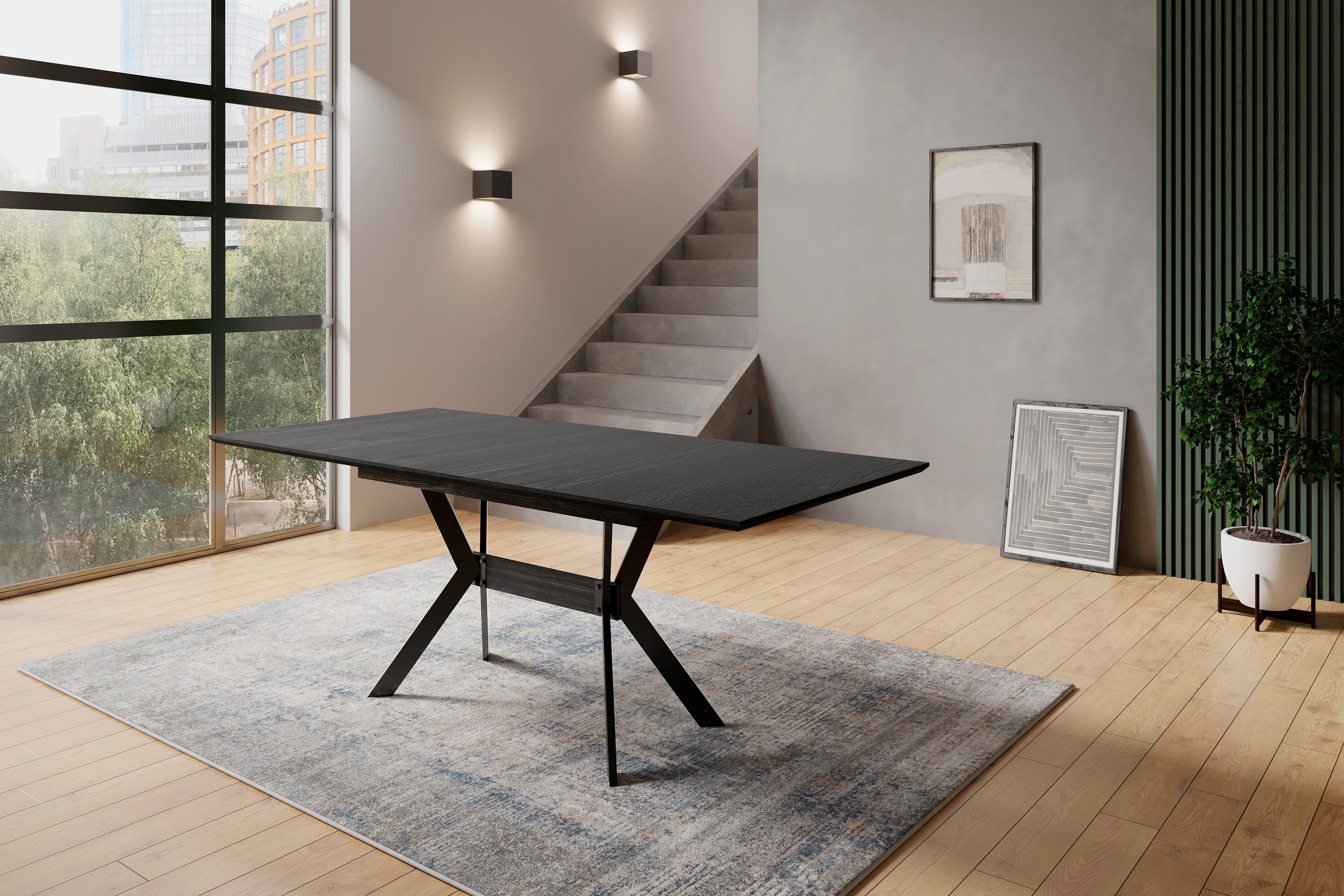 Esstisch BREMEN / Tischplatte Artisan Eiche (Eiche-Optik) oder schwarz/ Gestell Metall schwarz / mit Auszug / B 160 - 200, H 75, T 90 cm