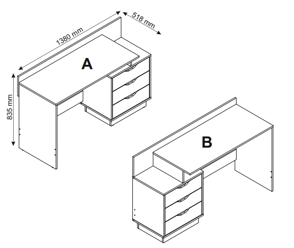 Schreibtisch BELFAST / Rechts oder Links montierbar / 3 Schubkästen / in Artisan Eiche (Eiche-Optik), Old Wood (Altholz-Optik) oder weiß / Bürotisch / Schreibtisch / B 138, H 83,5, T 51,5 cm