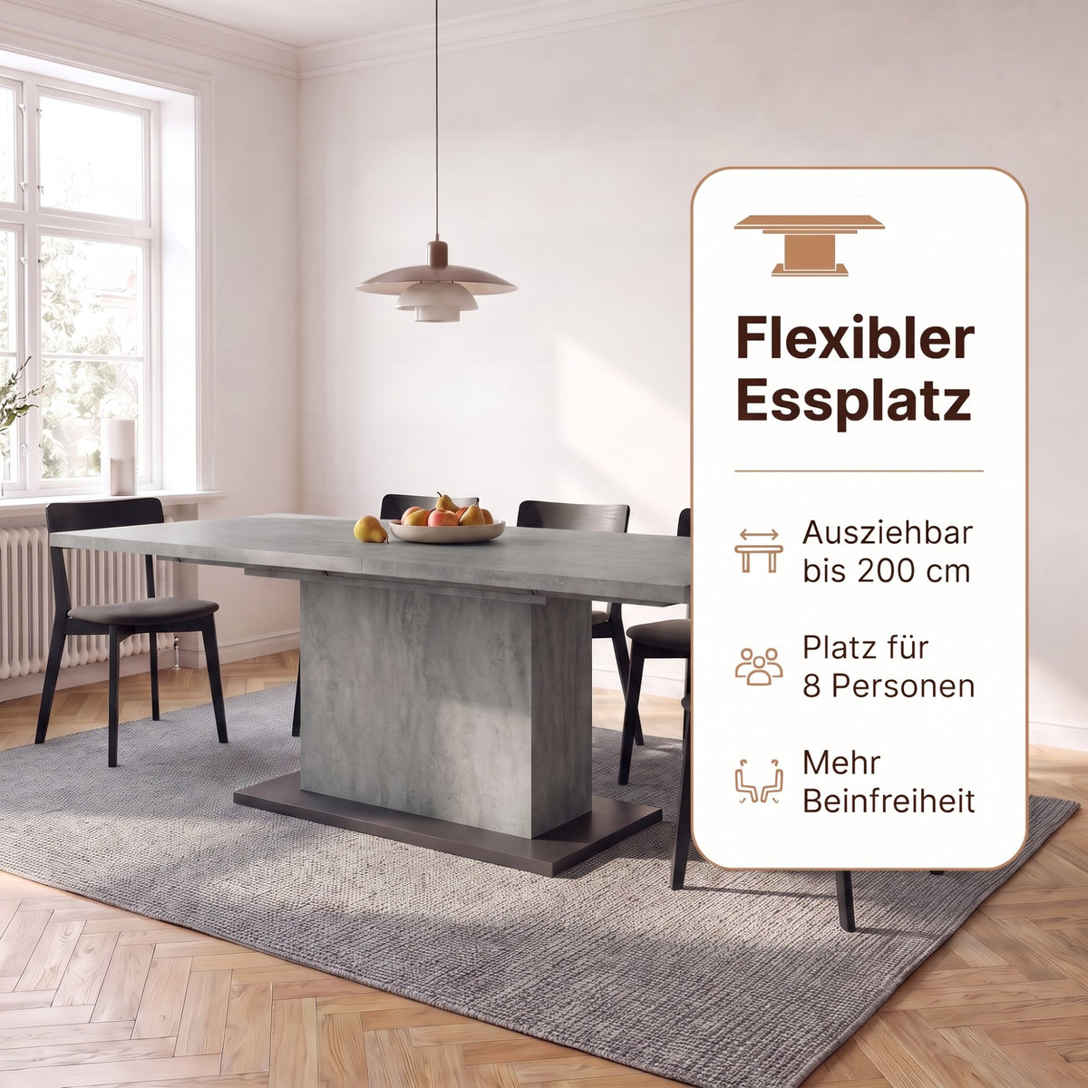 Esstisch Athen 160 cm mit Auszug Beton Optik