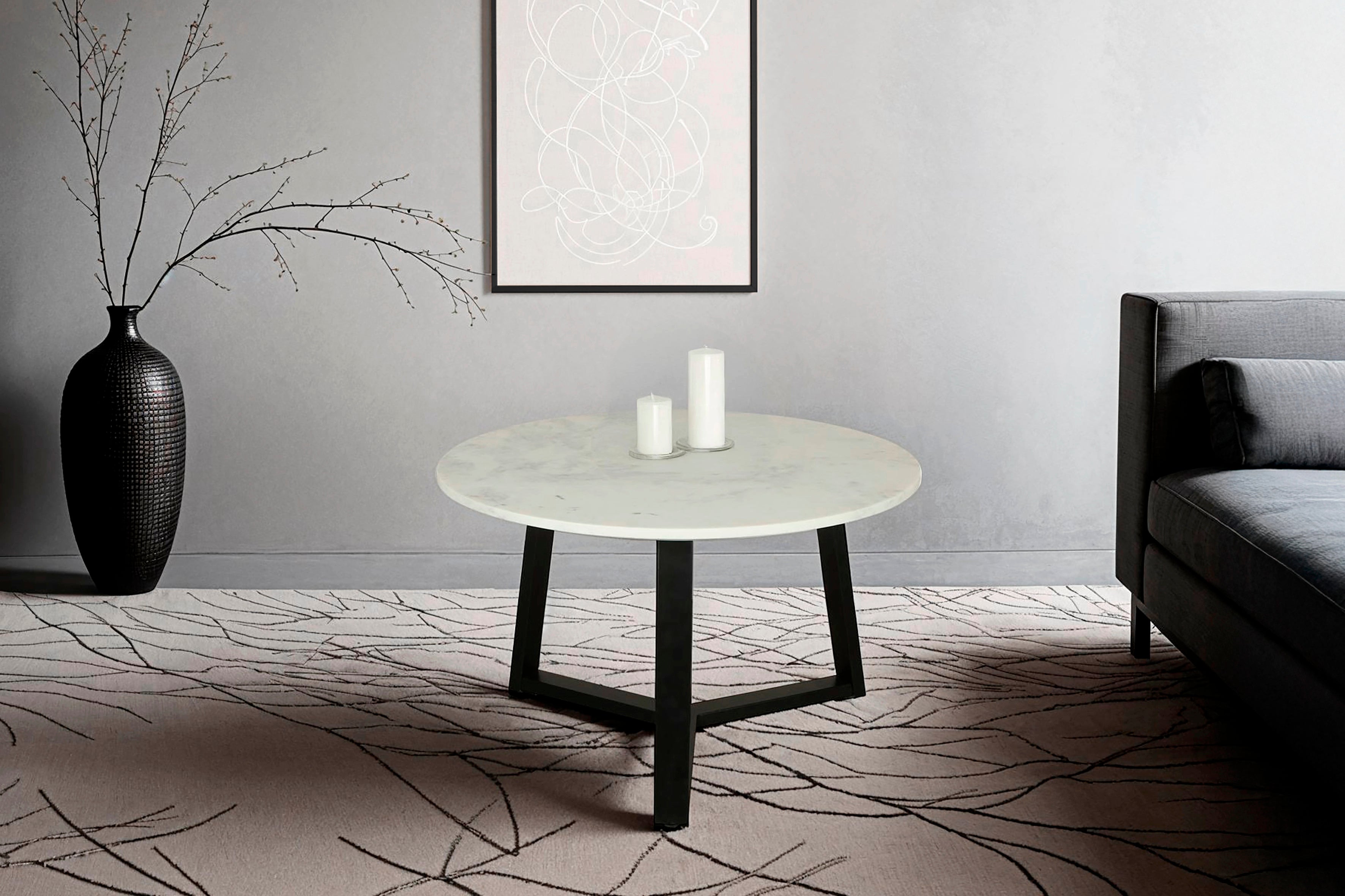 Couchtisch CROSS / Tischplatte Massivholz Akazie natur oder Marmor weiß / Gestell Metall schwarz / D 75 x H 46cm