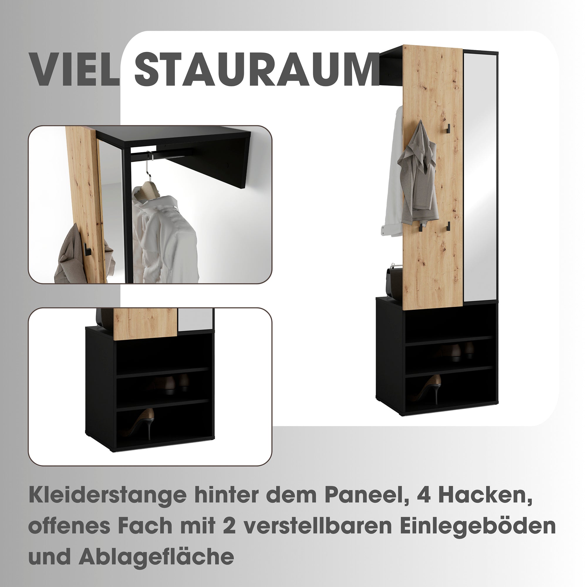 Kompaktgarderobe ANDORRA / Artisan Eiche (Eiche-Optik) oder weiß mit schwarz / Spiegel, Kleiderstange und Schuhfächer / Garderobenschrank / Flurgarderobe / Maße: B 55, H 187,5, T 40,5 cm