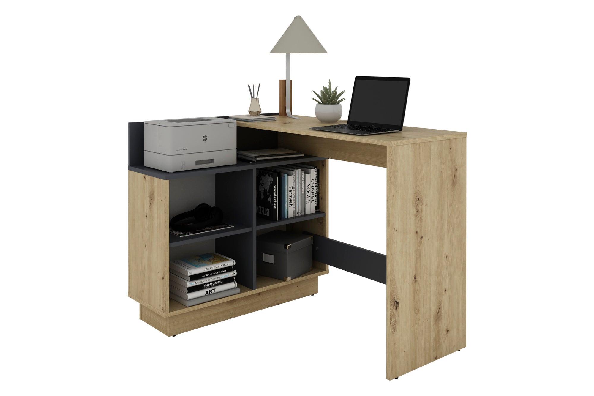byLIVING Schreibtisch BERNI / Gaming-Tisch in weiß oder Artisan Eiche (Eiche-Optik) mit graphit / Mit viel Stauraum und großer Tischplatte / Computer-Tisch / PC / Arbeits-Tisch / rechts-links montierbar / B 112, H 77,5, T 80 cm