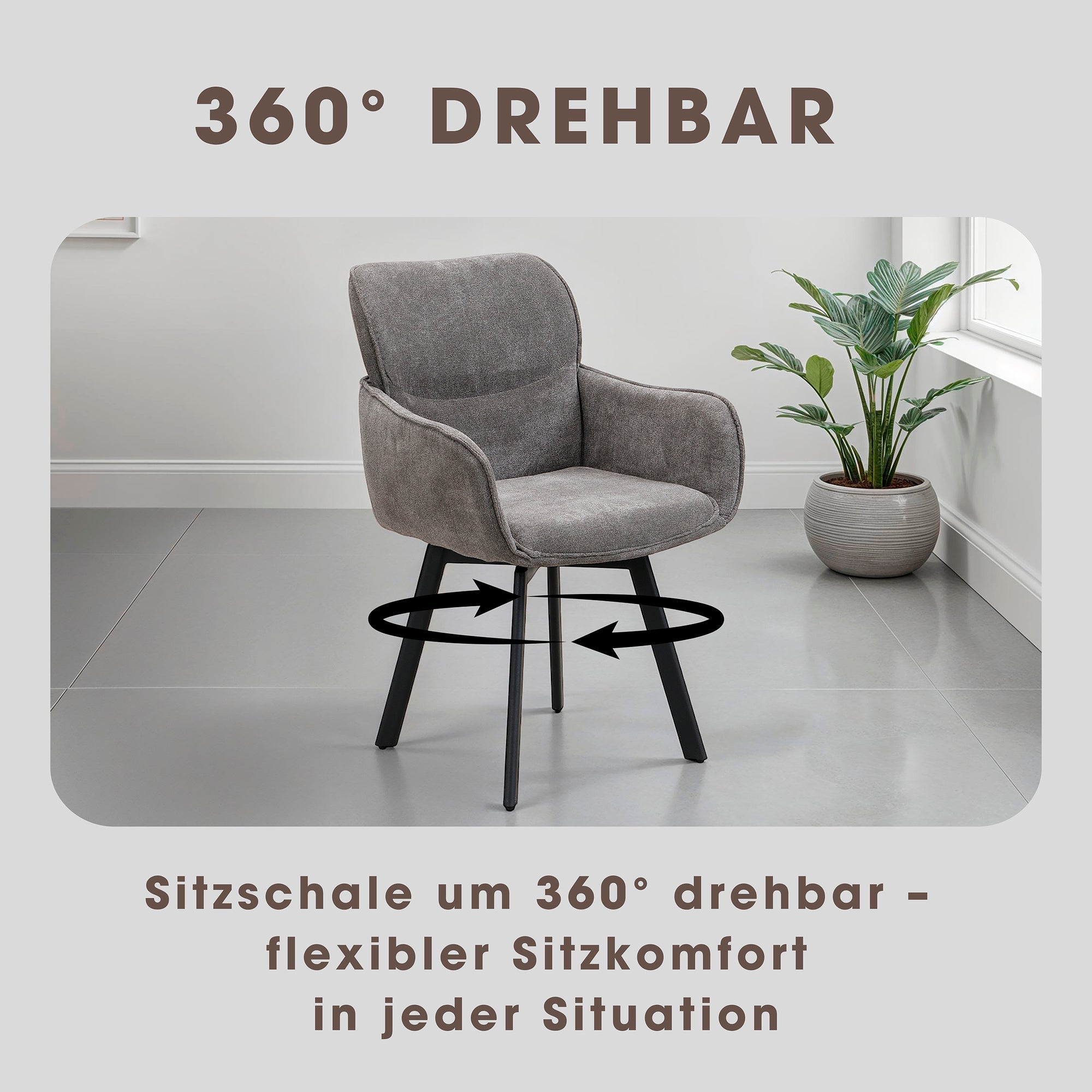 Stuhl 2-er Set RICO / Webstoffbezug in dunkelgrau oder taupe, Gestell in schwarz / 360° drehbar / Esszimmerstuhl / Küchenstuhl / B 61 x H 90 x T 63 cm