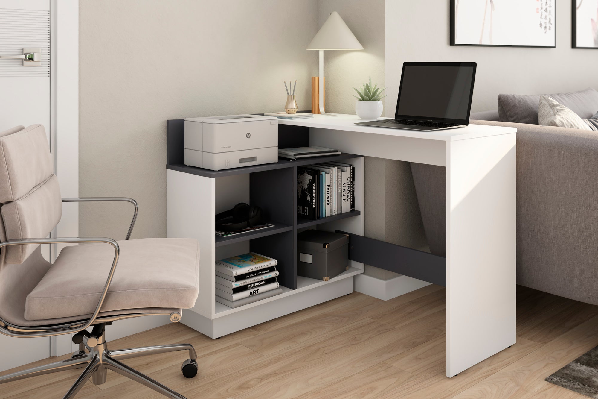 byLIVING Schreibtisch BERNI / Gaming-Tisch in weiß oder Artisan Eiche (Eiche-Optik) mit graphit / Mit viel Stauraum und großer Tischplatte / Computer-Tisch / PC / Arbeits-Tisch / rechts-links montierbar / B 112, H 77,5, T 80 cm