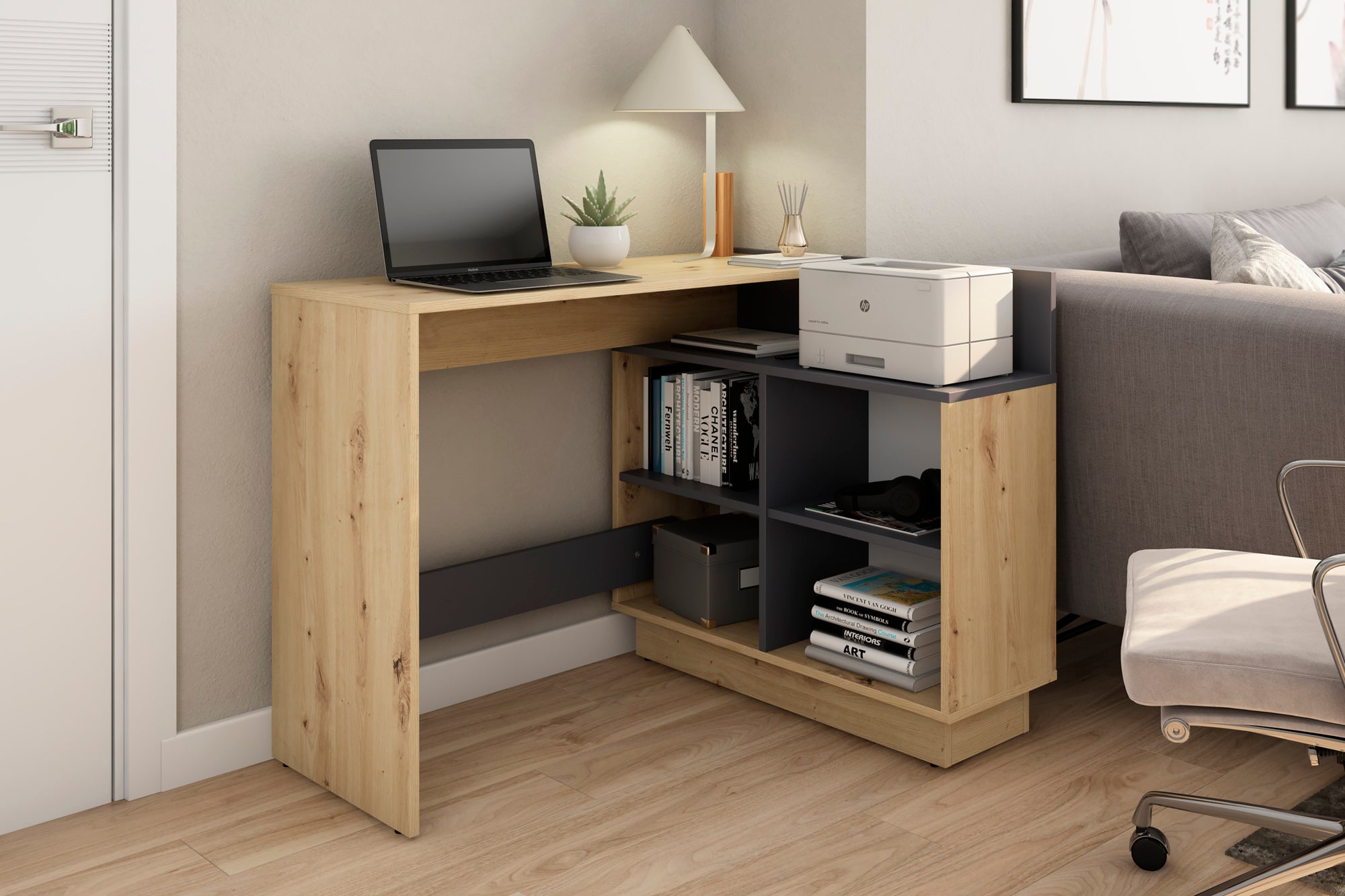 byLIVING Schreibtisch BERNI / Gaming-Tisch in weiß oder Artisan Eiche (Eiche-Optik) mit graphit / Mit viel Stauraum und großer Tischplatte / Computer-Tisch / PC / Arbeits-Tisch / rechts-links montierbar / B 112, H 77,5, T 80 cm