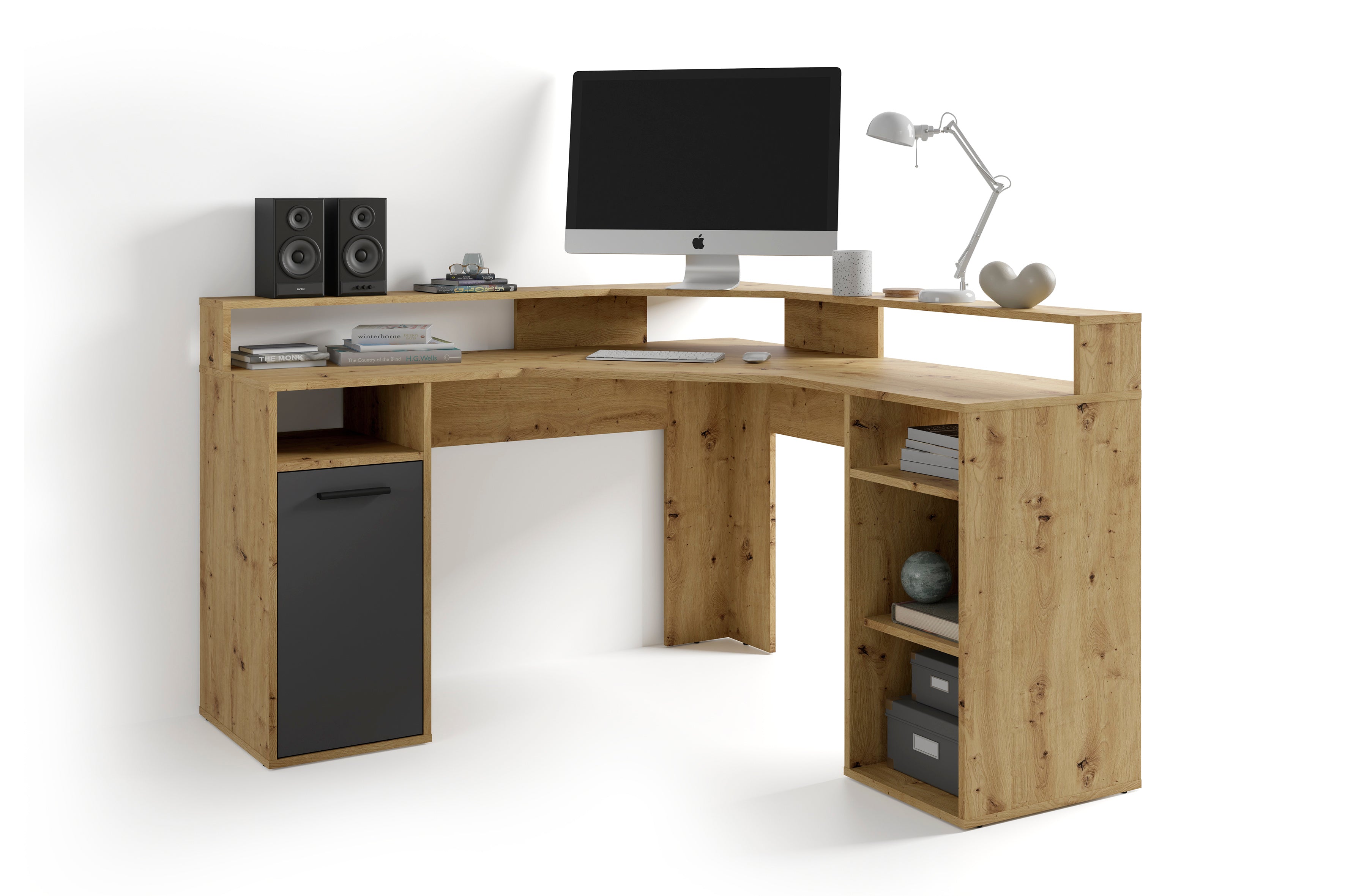 Schreibtisch FOX / Gaming-Tisch in anthrazit, weiß, Old Wood (Altholz-Optik) oder Artisan Eiche (Eiche-Optik) / Mit viel Stauraum und großer Tischplatte / Computer-Tisch / PC / Arbeits-Tisch / B 139, H 90,8, T 139 cm