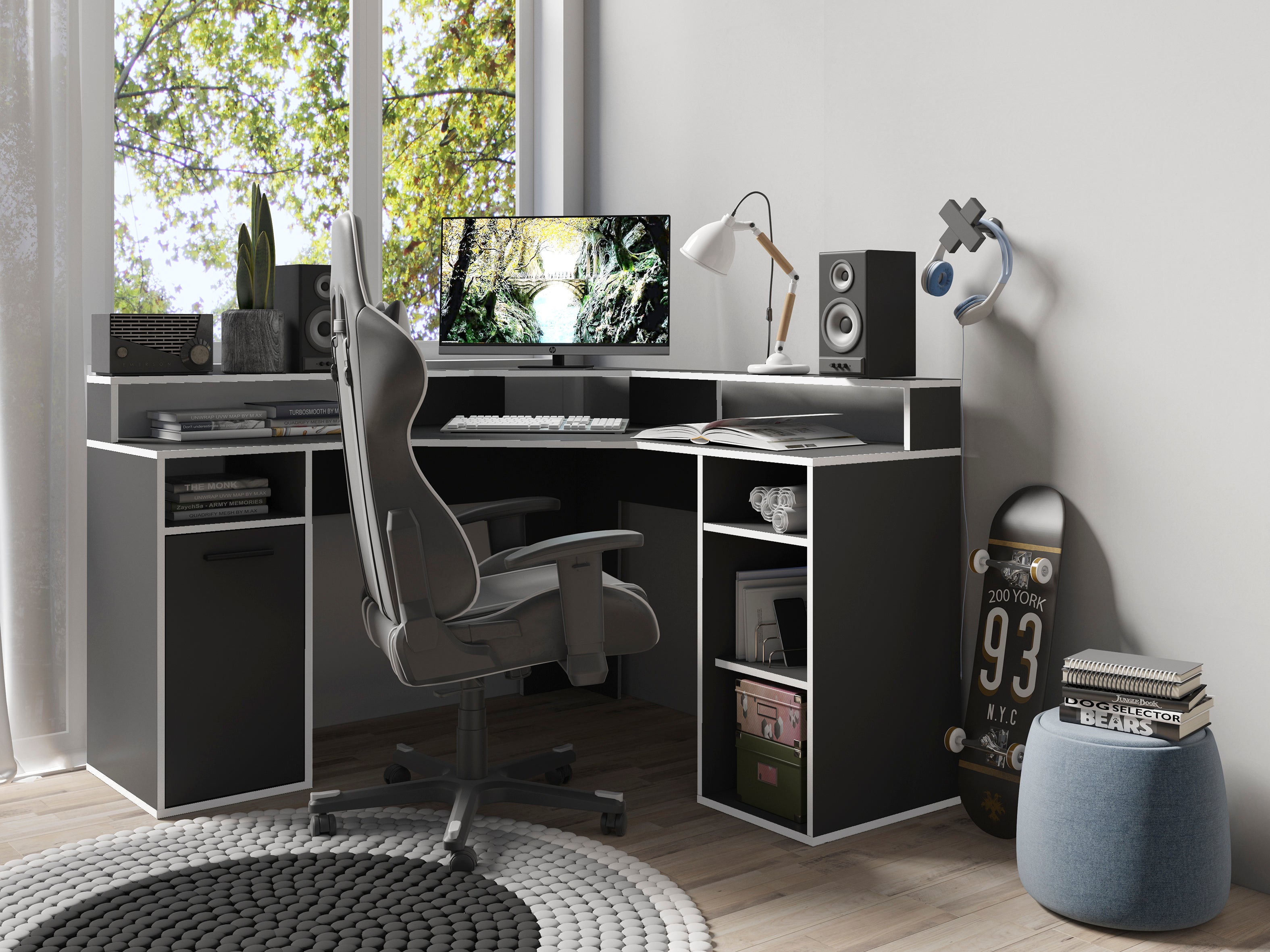 Schreibtisch FOX / Gaming-Tisch in anthrazit, weiß, Old Wood (Altholz-Optik) oder Artisan Eiche (Eiche-Optik) / Mit viel Stauraum und großer Tischplatte / Computer-Tisch / PC / Arbeits-Tisch / B 139, H 90,8, T 139 cm