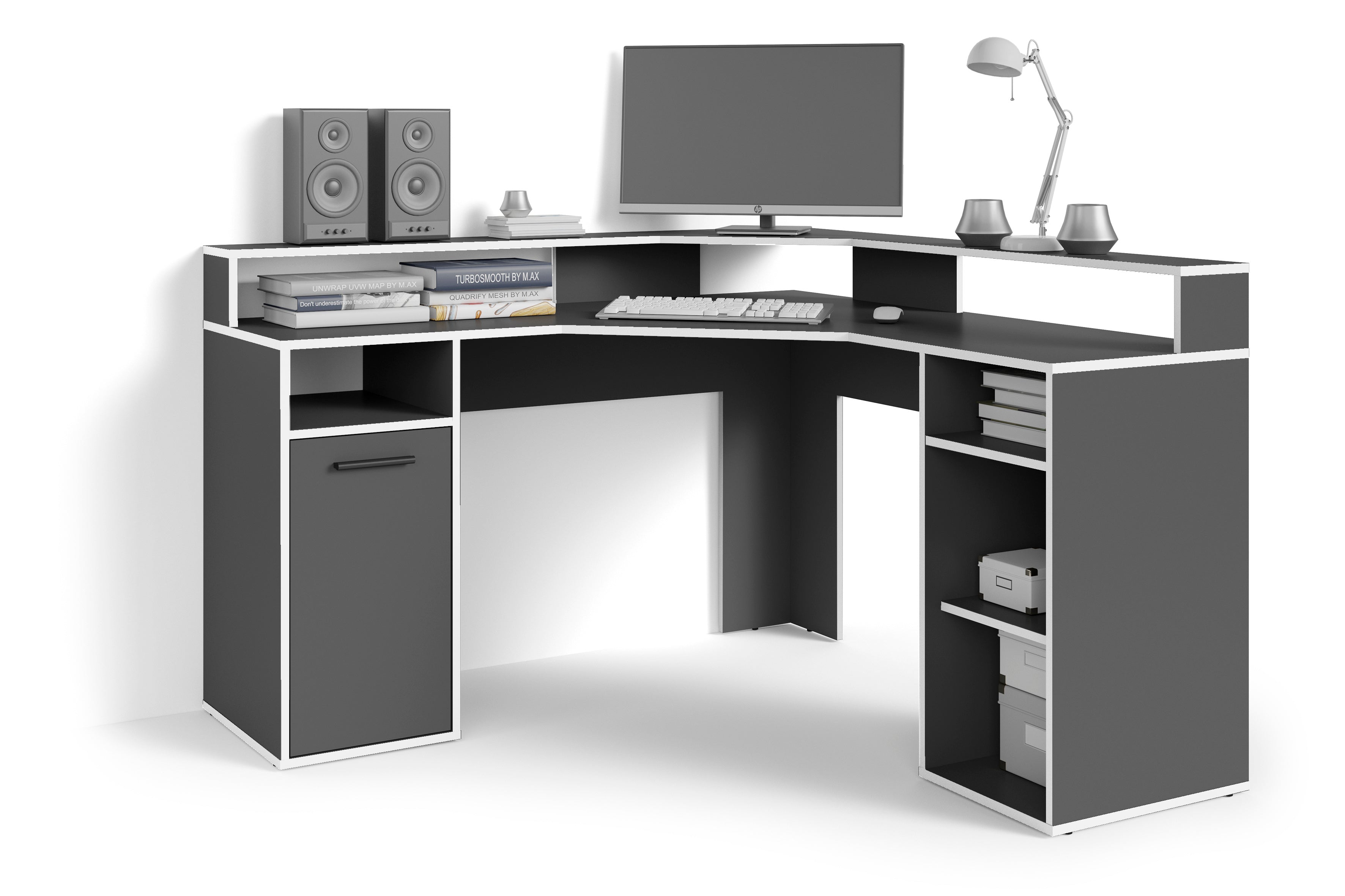 Schreibtisch FOX / Gaming-Tisch in anthrazit, weiß, Old Wood (Altholz-Optik) oder Artisan Eiche (Eiche-Optik) / Mit viel Stauraum und großer Tischplatte / Computer-Tisch / PC / Arbeits-Tisch / B 139, H 90,8, T 139 cm