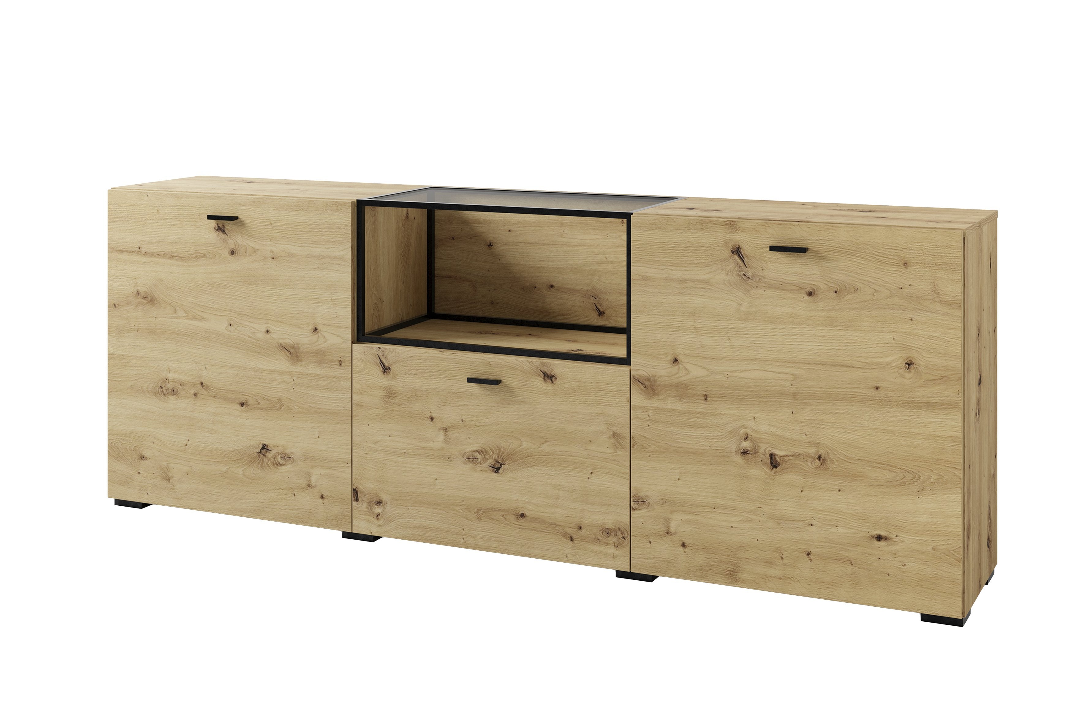 byLIVING Sideboard FRAME / Artisan Eiche (Eiche-Optik) / Fach mit Metallrahmen und Glasablage, verstellbare Böden / Anrichte / Kommode / Maße: B 200, H 75,5, T 37,5 cm