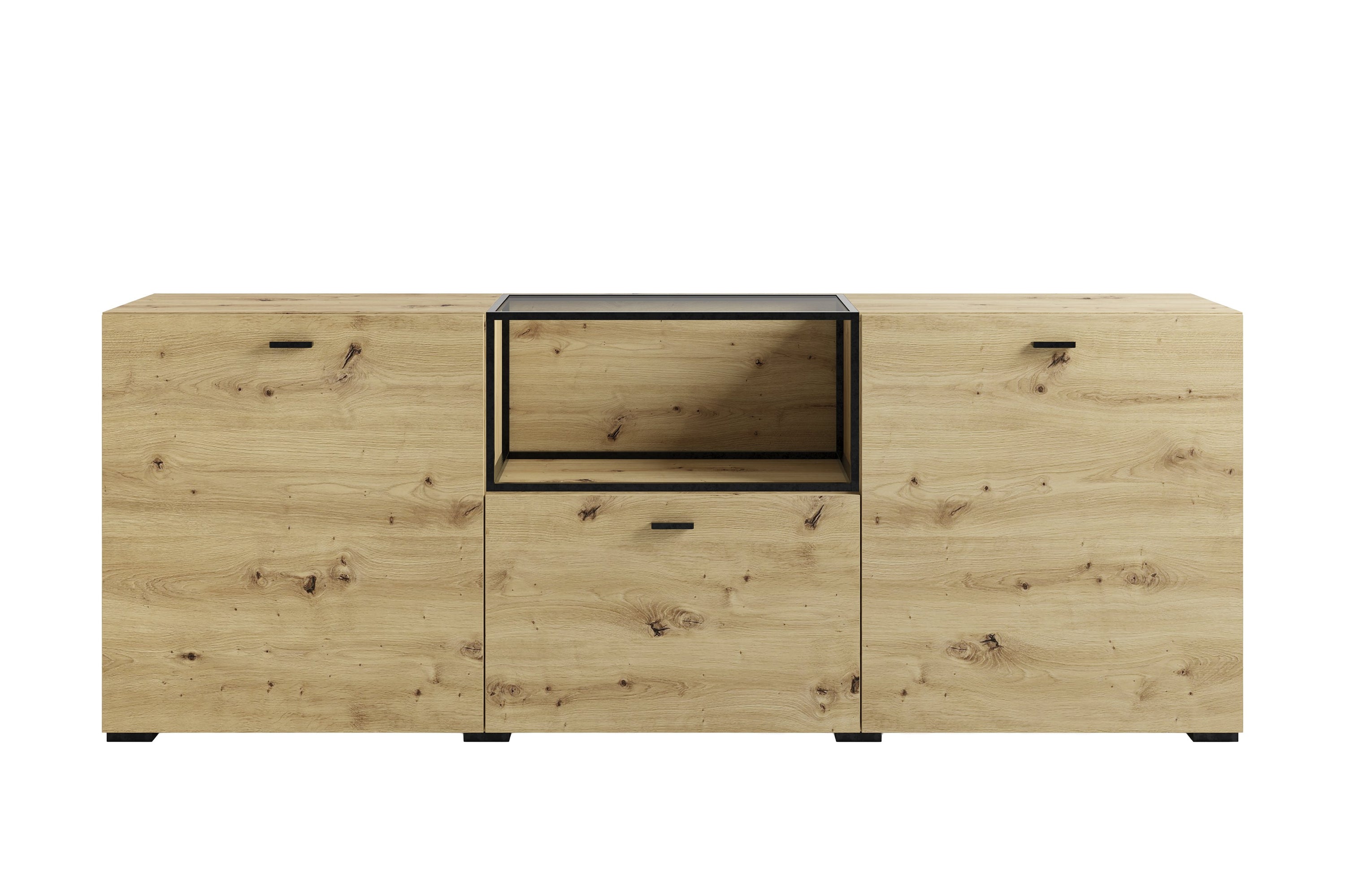 Sideboard FRAME / Artisan Eiche (Eiche-Optik) / Fach mit Metallrahmen und Glasablage, verstellbare Böden / Anrichte / Kommode / Maße: B 200, H 75,5, T 37,5 cm