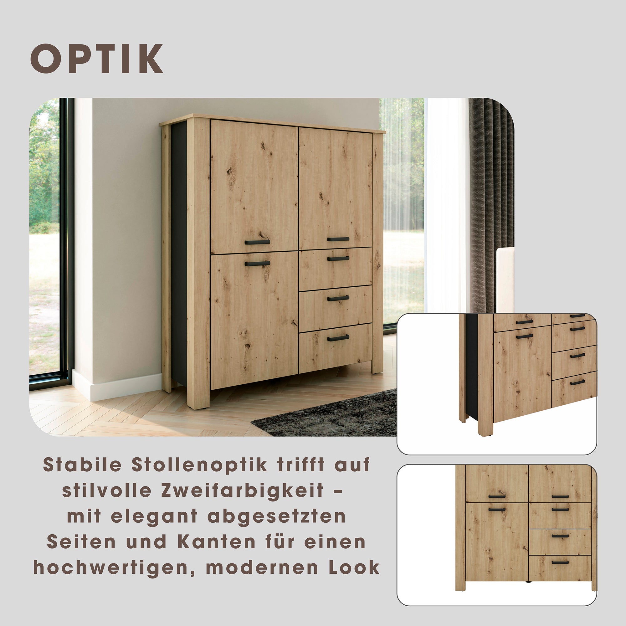 Higboard FARO / Artisan Eiche (Eiche-Optik) oder weiß, Absetzung in schwarz / Stollenoptik / 3 Türen und 3 Schubkästen / verstellbare Einlegeböden / viel Stauraum / Sideboard / Kommode / Maße: B 160, H 84, T 40 cm