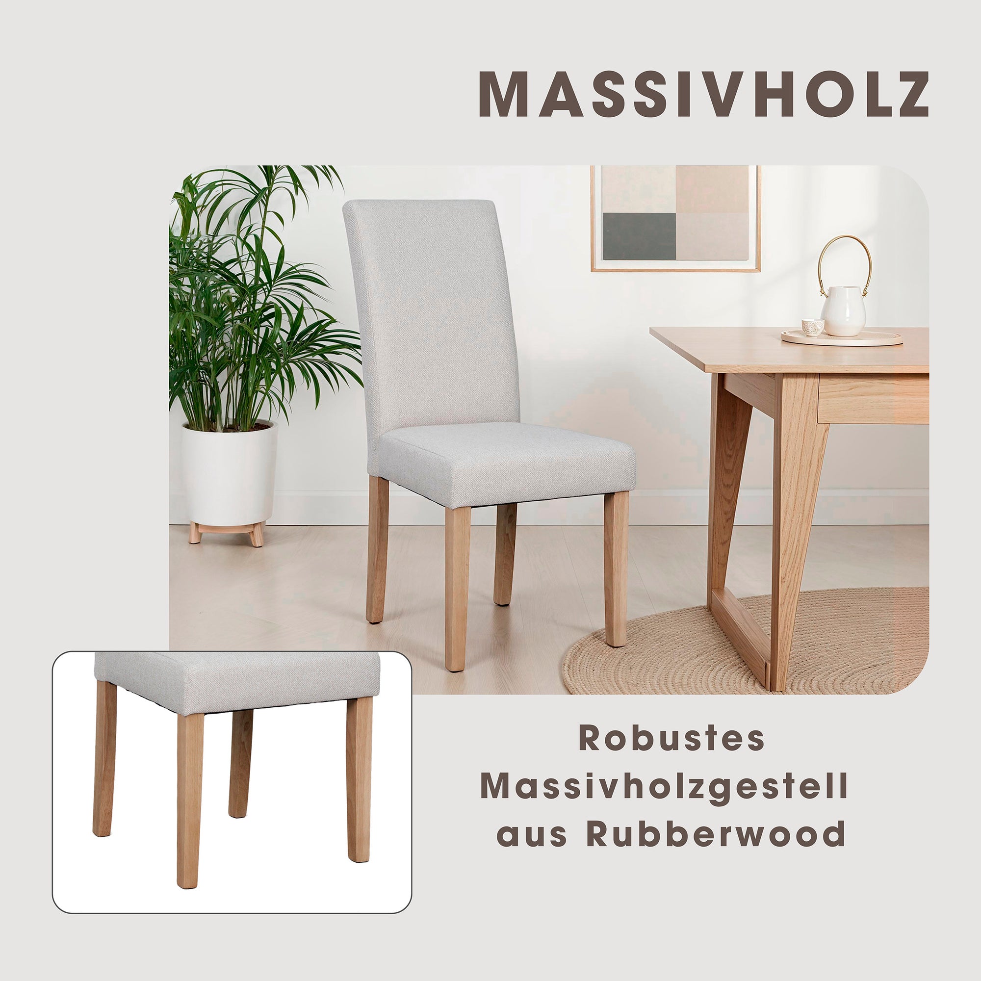Esszimmerstuhl 2er Set ELIAS / Webstoff taupe oder dunkelgrau / Gestell Massivholz Rubberwood natur / B 47, H 99,5, T 60 cm