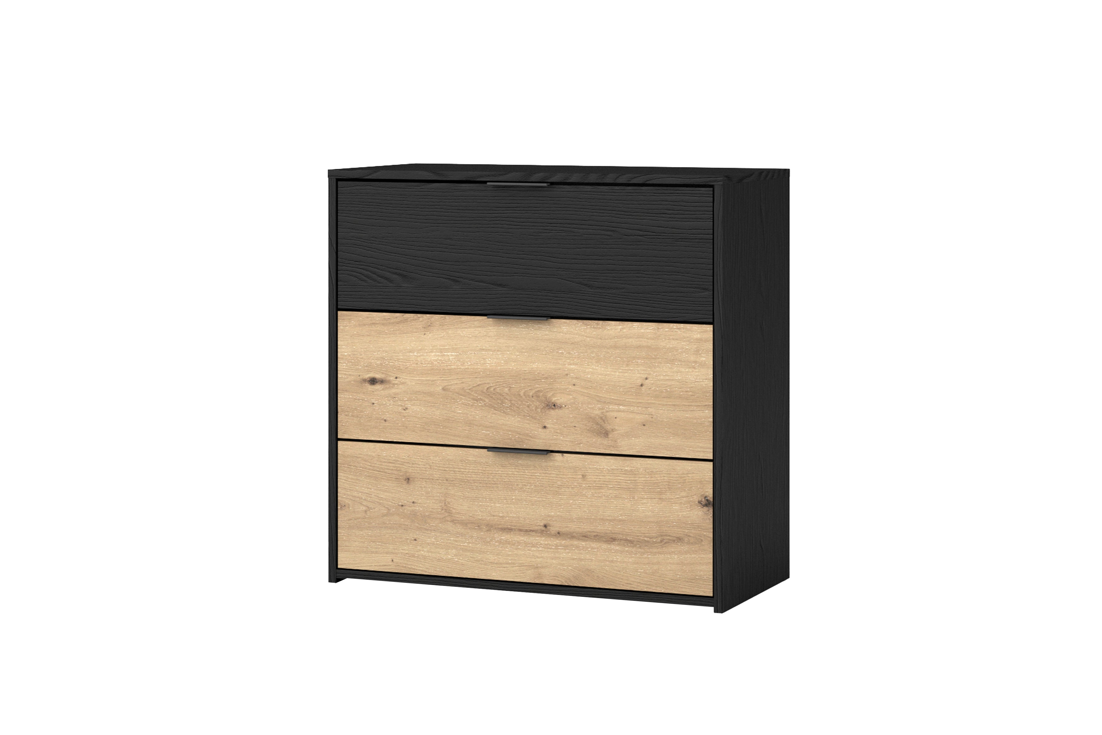Kommode RIMINI / Melamin Eiche schwarz und Artisan Eiche / 3 Schubkästen / B 80, H 80, T 40 cm