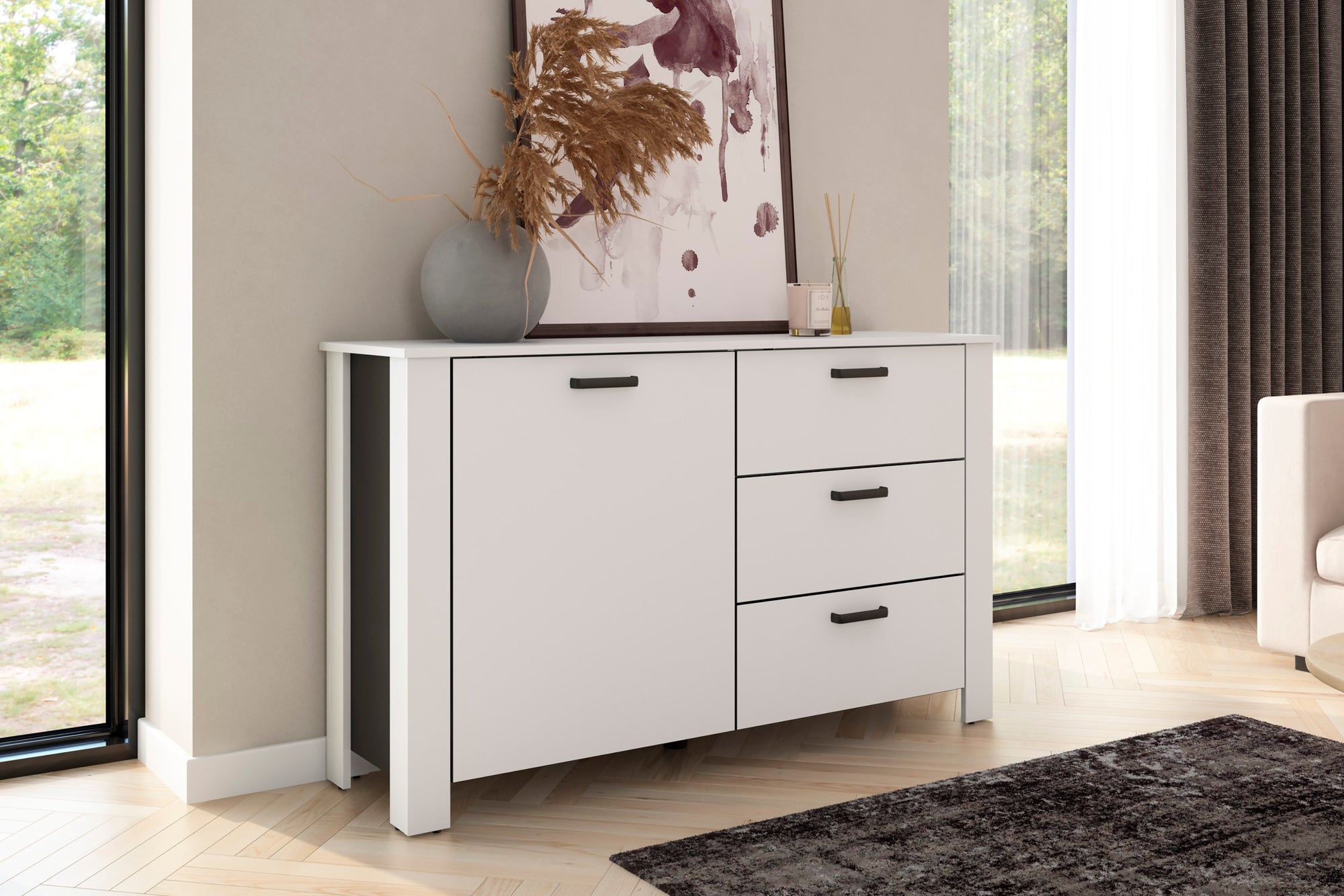 Sideboard FARO / Artisan Eiche (Eiche-Optik) oder weiß, Absetzung in schwarz / 1 Tür und 3 Schubkästen / verstellbare Einlegeböden / viel Stauraum / Kommode / Anrichte / Maße: B 140, H 84, T 40 cm
