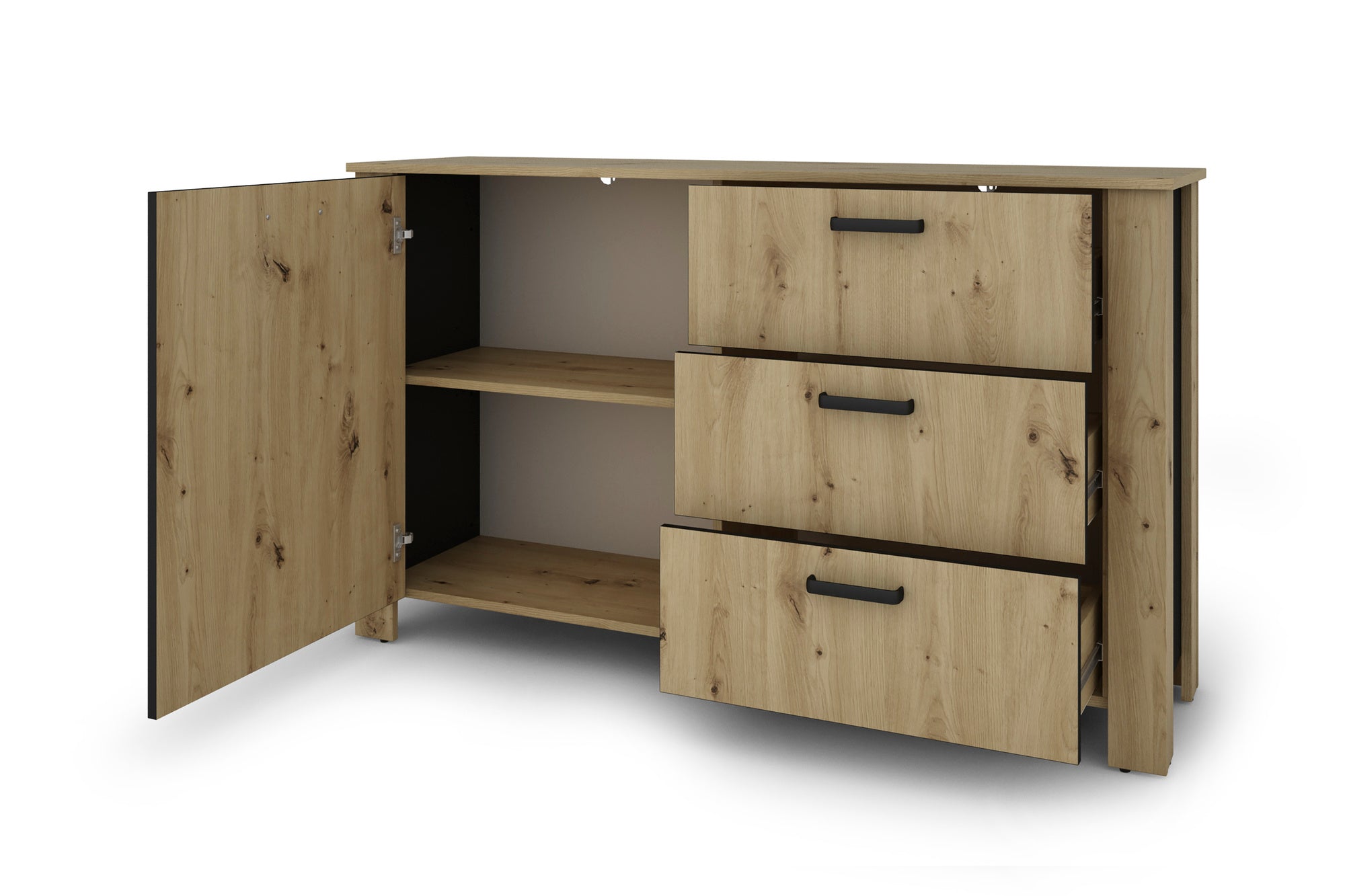 Sideboard FARO / Artisan Eiche (Eiche-Optik) oder weiß, Absetzung in schwarz / 1 Tür und 3 Schubkästen / verstellbare Einlegeböden / viel Stauraum / Kommode / Anrichte / Maße: B 140, H 84, T 40 cm