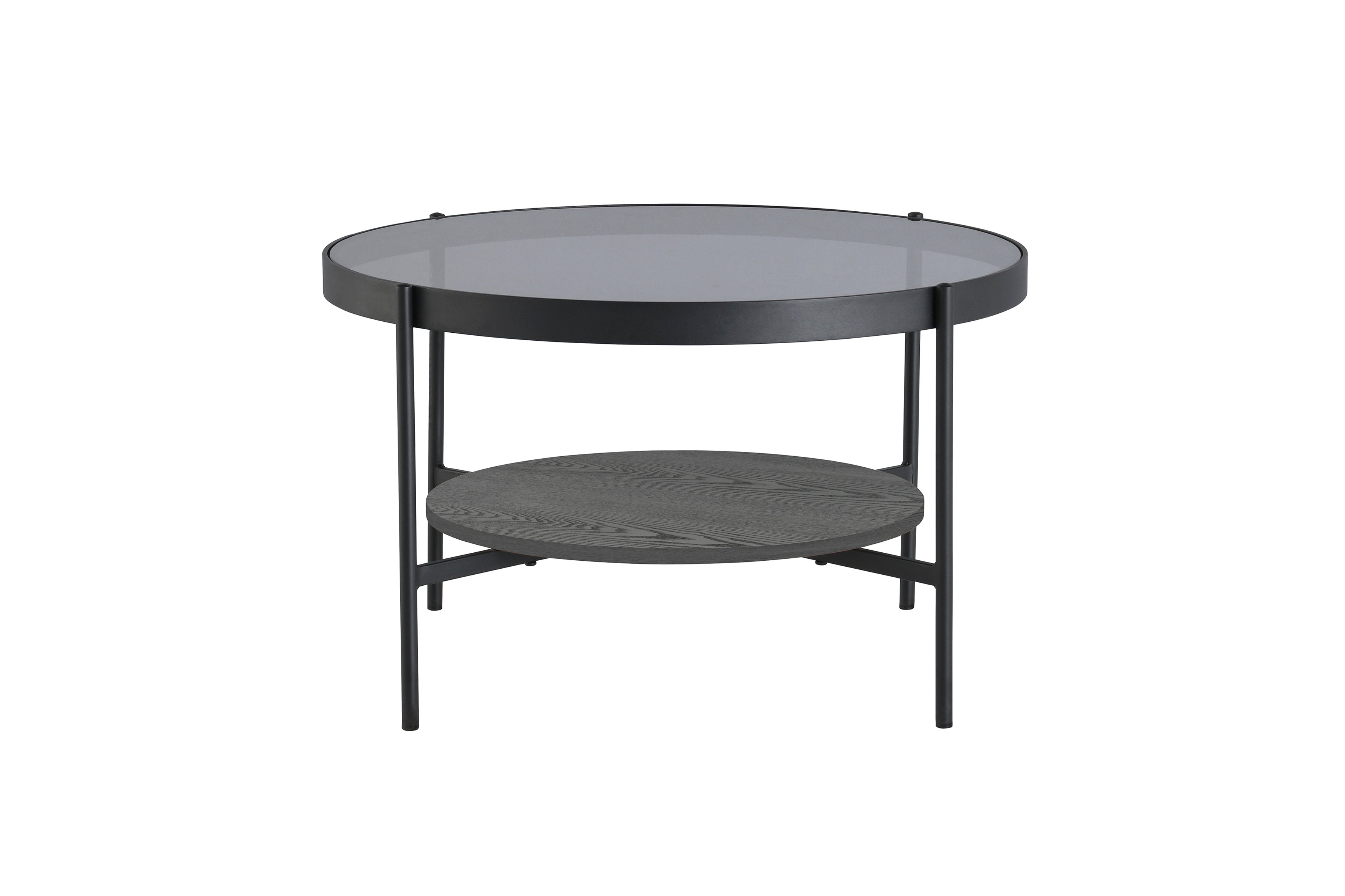Couchtisch OHIO / Tischplatte Rauchglas grau / Ablageboden MDF Echtholzfurnier schwarz / Gestell Metall schwarz / D 73,5, H 42,5 cm