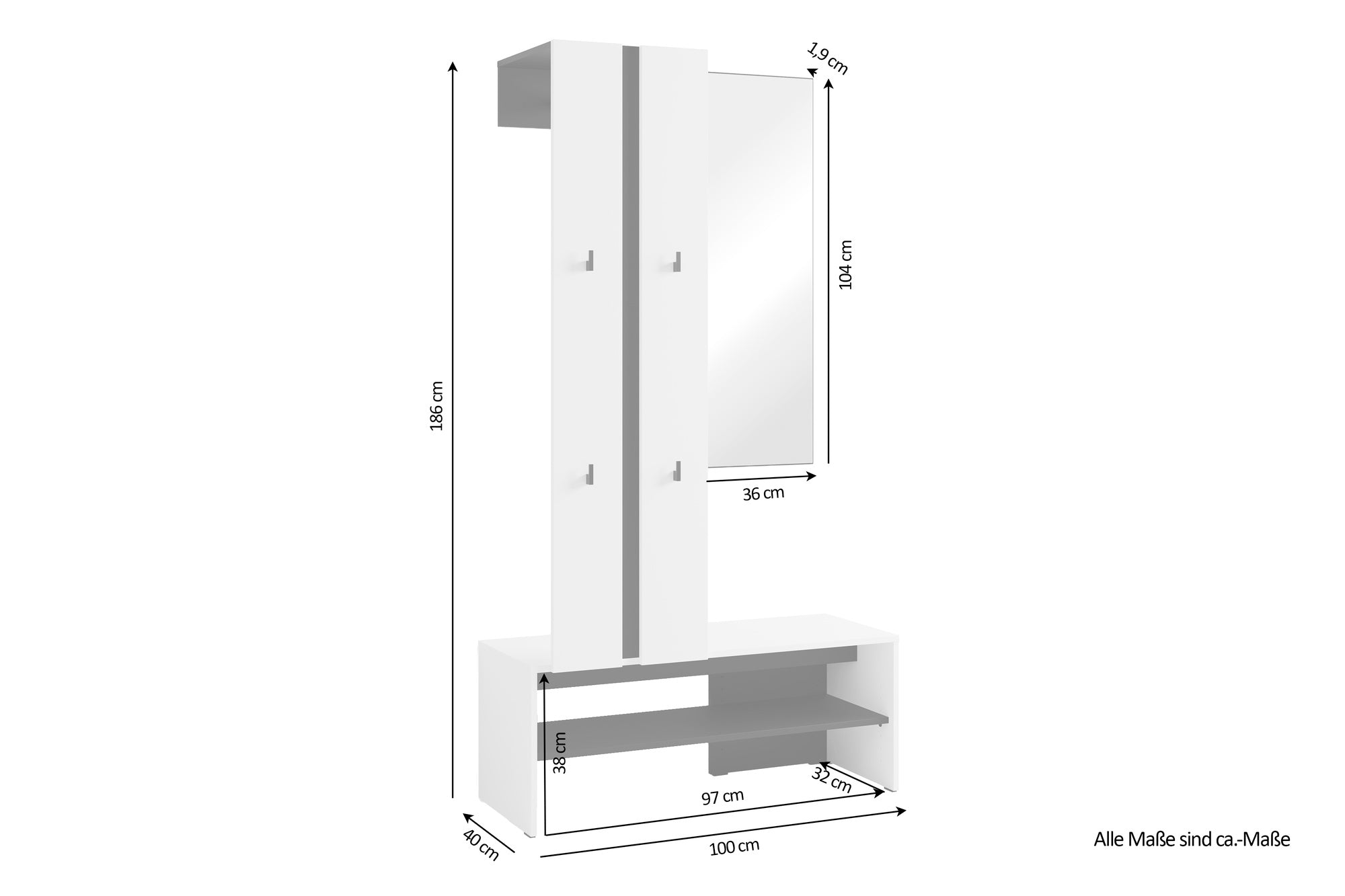 Kompaktgarderobe NANTE / Artisan Eiche (Eiche-Optik) oder weiß, Absetzung in schwarz / Spiegel, Kleiderstange, offene Fächer / Garderobenmöbel / Flurgarderobe / Maße: B 100, H 186, T 40 cm