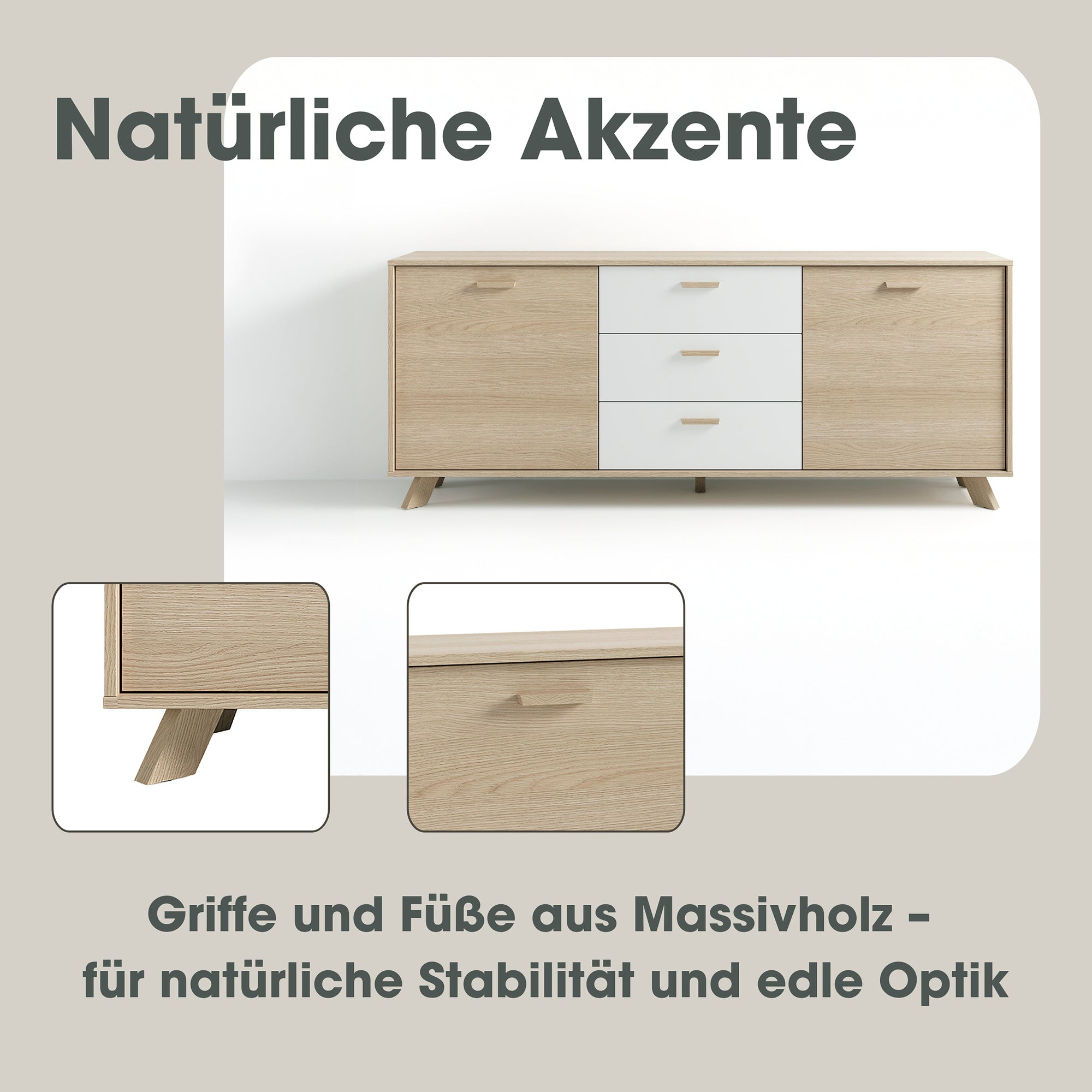 Sideboard BASTIAN / Eiche bianco, weiß / Griffe und Füße Massivholz Eiche / 3 Schubkästen und 2 Türen / viel Stauraum / Kommode / Anrichte / Maße: B 180, H 72,5, T 36,5 cm