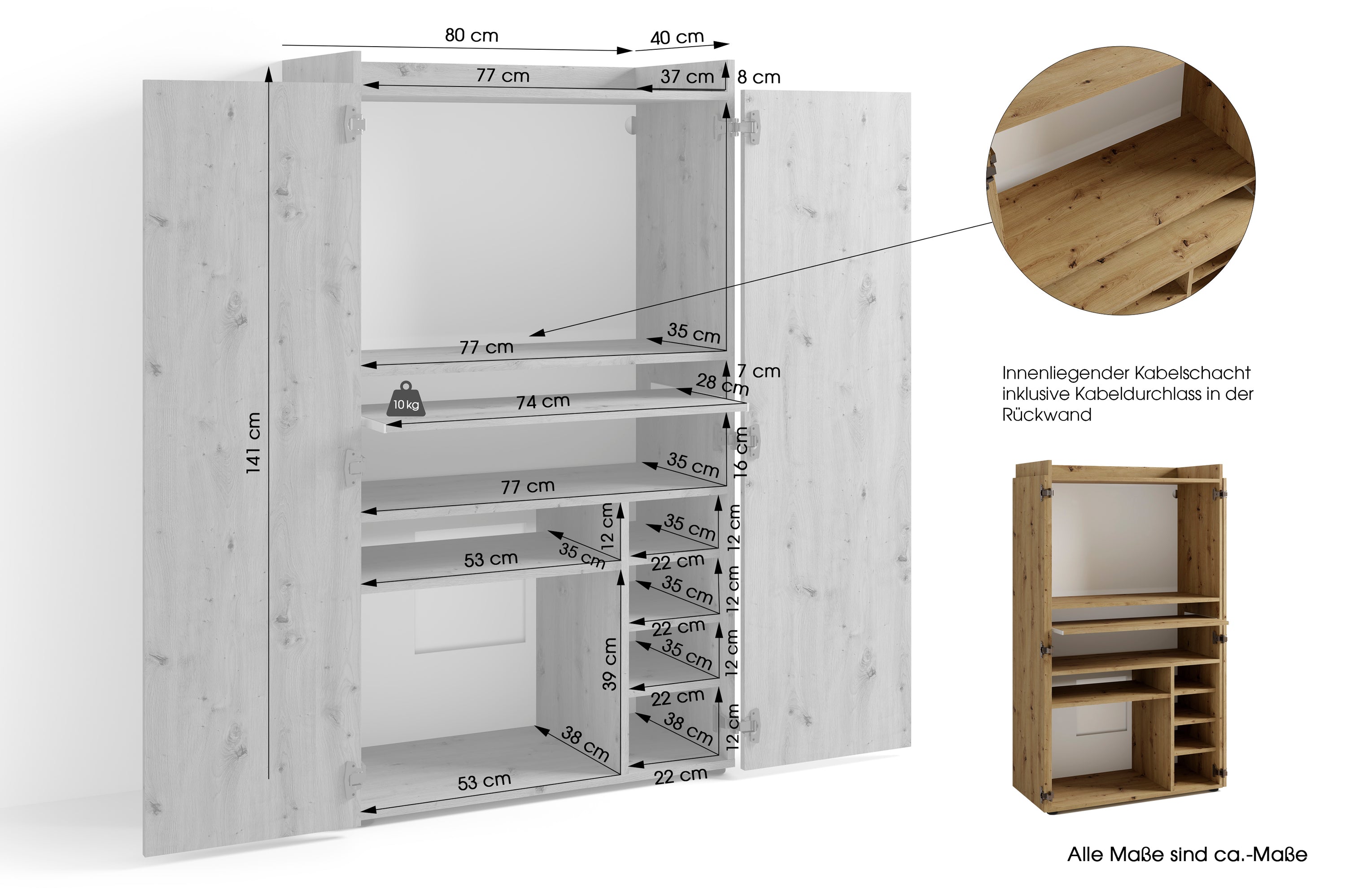 Sekretär JANNE / Sekretär matt weiß oder Artisan Eiche (Eiche-Optik) / Office-Schrank mit 2 Türen / platzsparend / Grifflos / B 80, H 141, T 40 cm