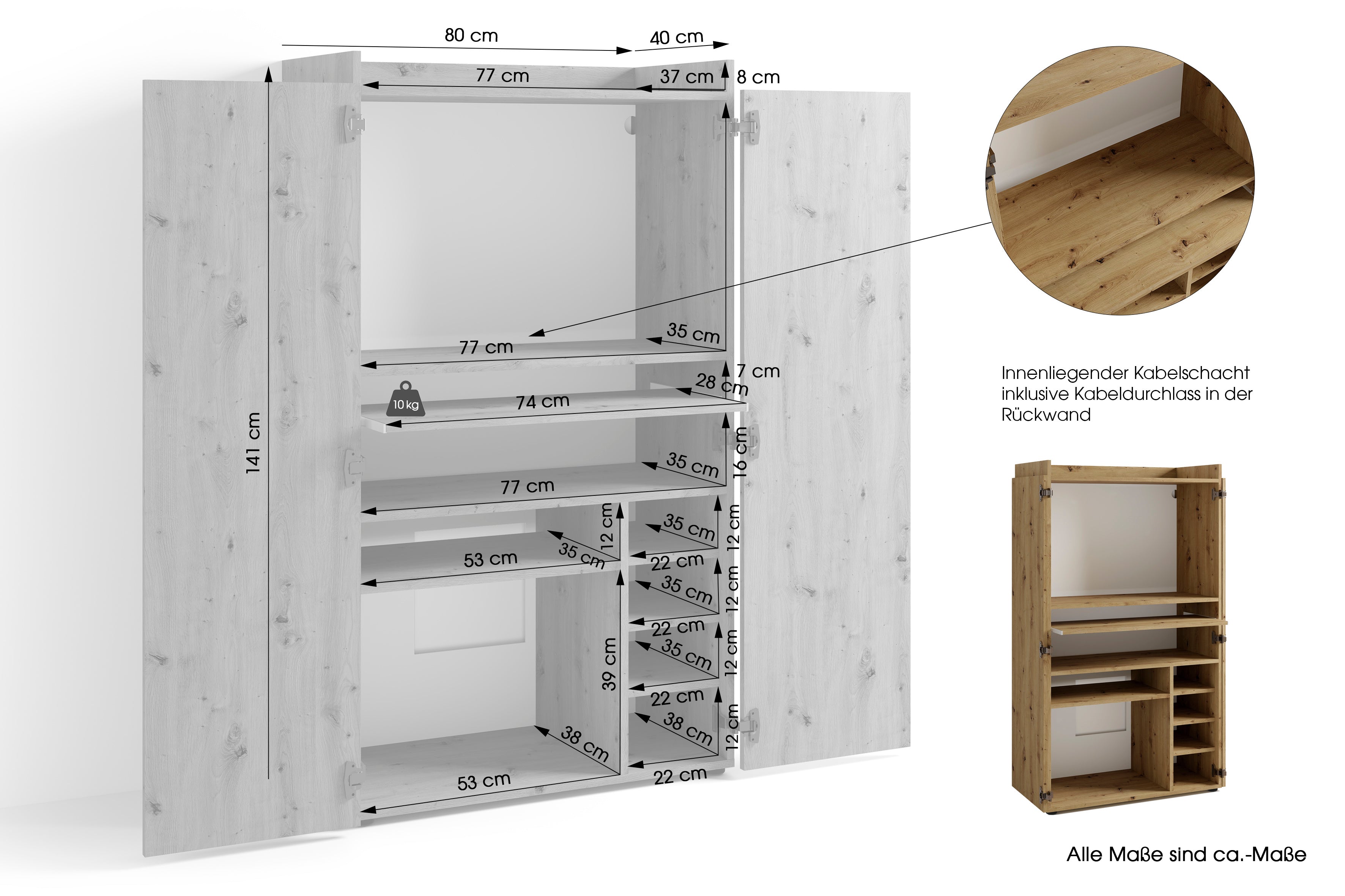 Sekretär JANNE / Sekretär matt weiß oder Artisan Eiche (Eiche-Optik) / Office-Schrank mit 2 Türen / platzsparend / Grifflos / B 80, H 141, T 40 cm