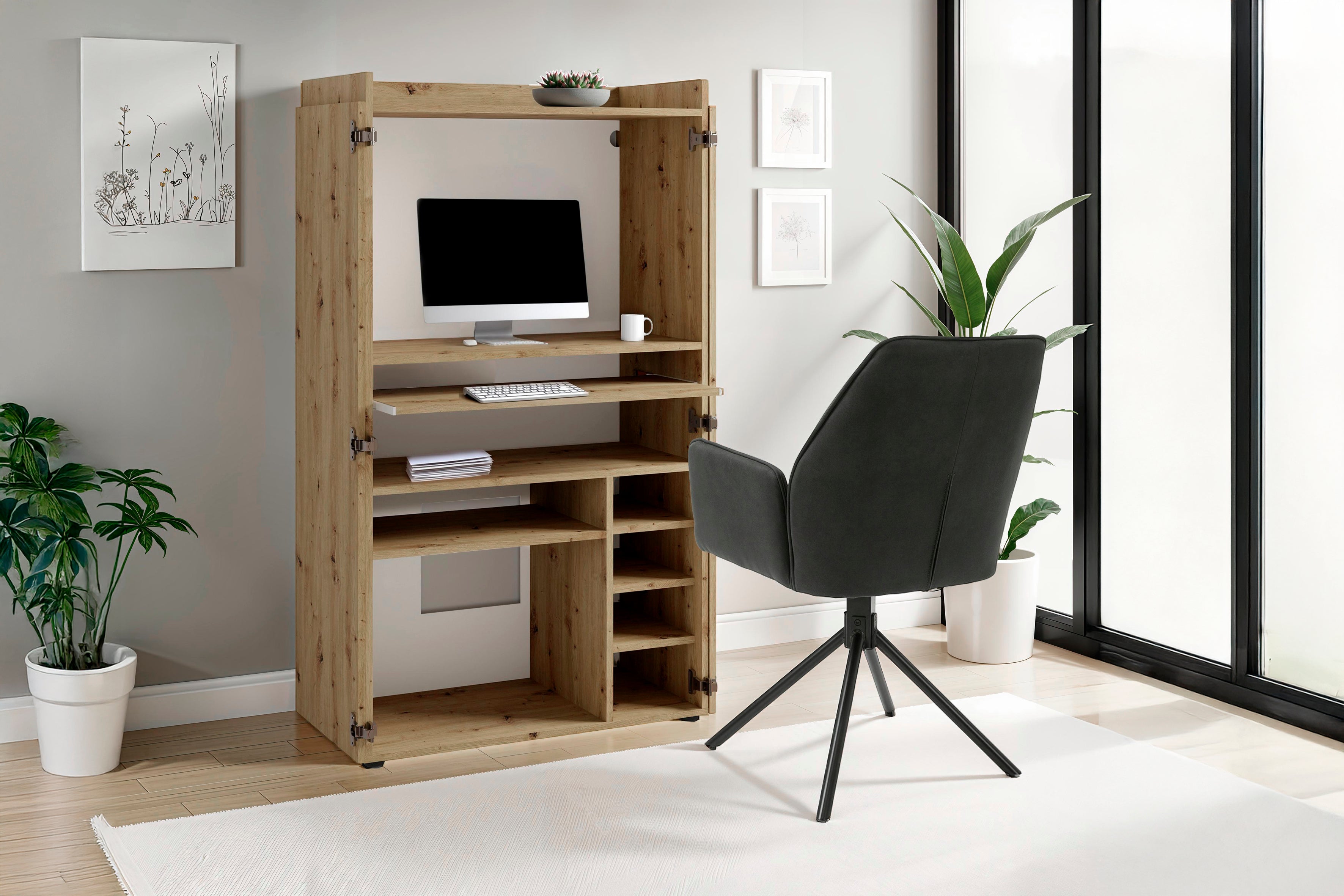 Sekretär JANNE / Sekretär matt weiß oder Artisan Eiche (Eiche-Optik) / Office-Schrank mit 2 Türen / platzsparend / Grifflos / B 80, H 141, T 40 cm