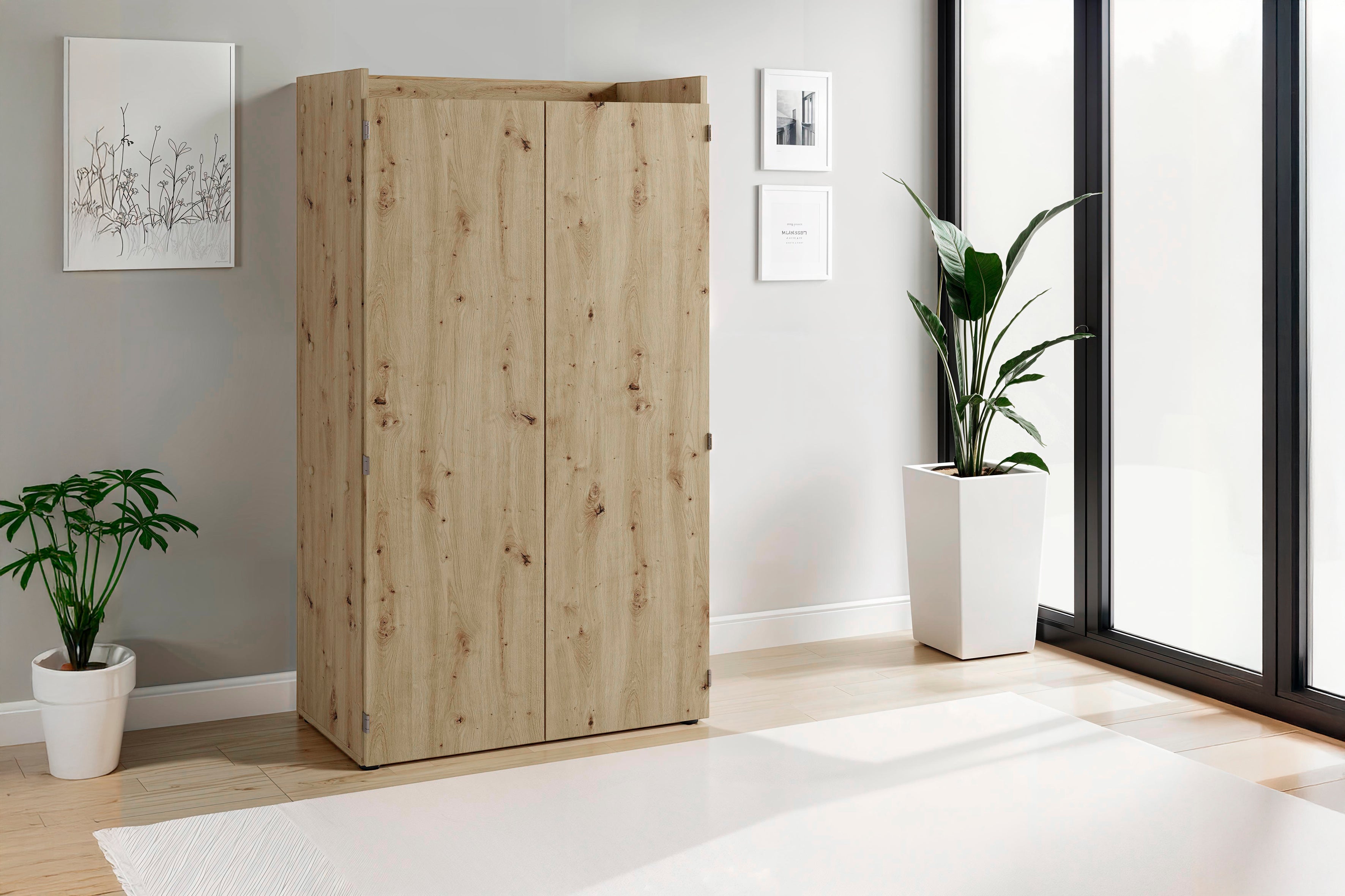 Sekretär JANNE / Sekretär matt weiß oder Artisan Eiche (Eiche-Optik) / Office-Schrank mit 2 Türen / platzsparend / Grifflos / B 80, H 141, T 40 cm