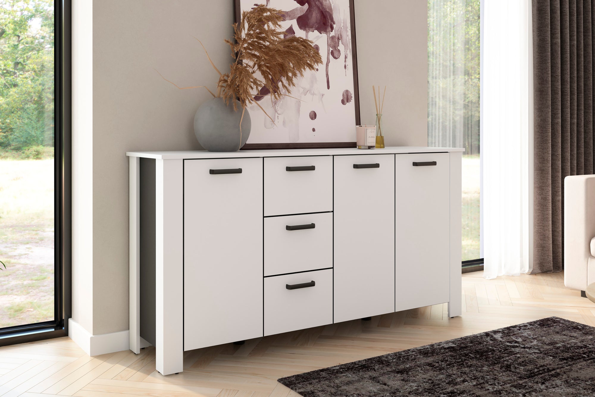Sideboard FARO / Artisan Eiche (Eiche-Optik) oder weiß, Absetzung in schwarz / Stollenoptik / 3 Türen und 3 Schubkästen / verstellbare Einlegeböden / viel Stauraum / Kommode / Anrichte / Maße: B 160, H 84, T 40 cm