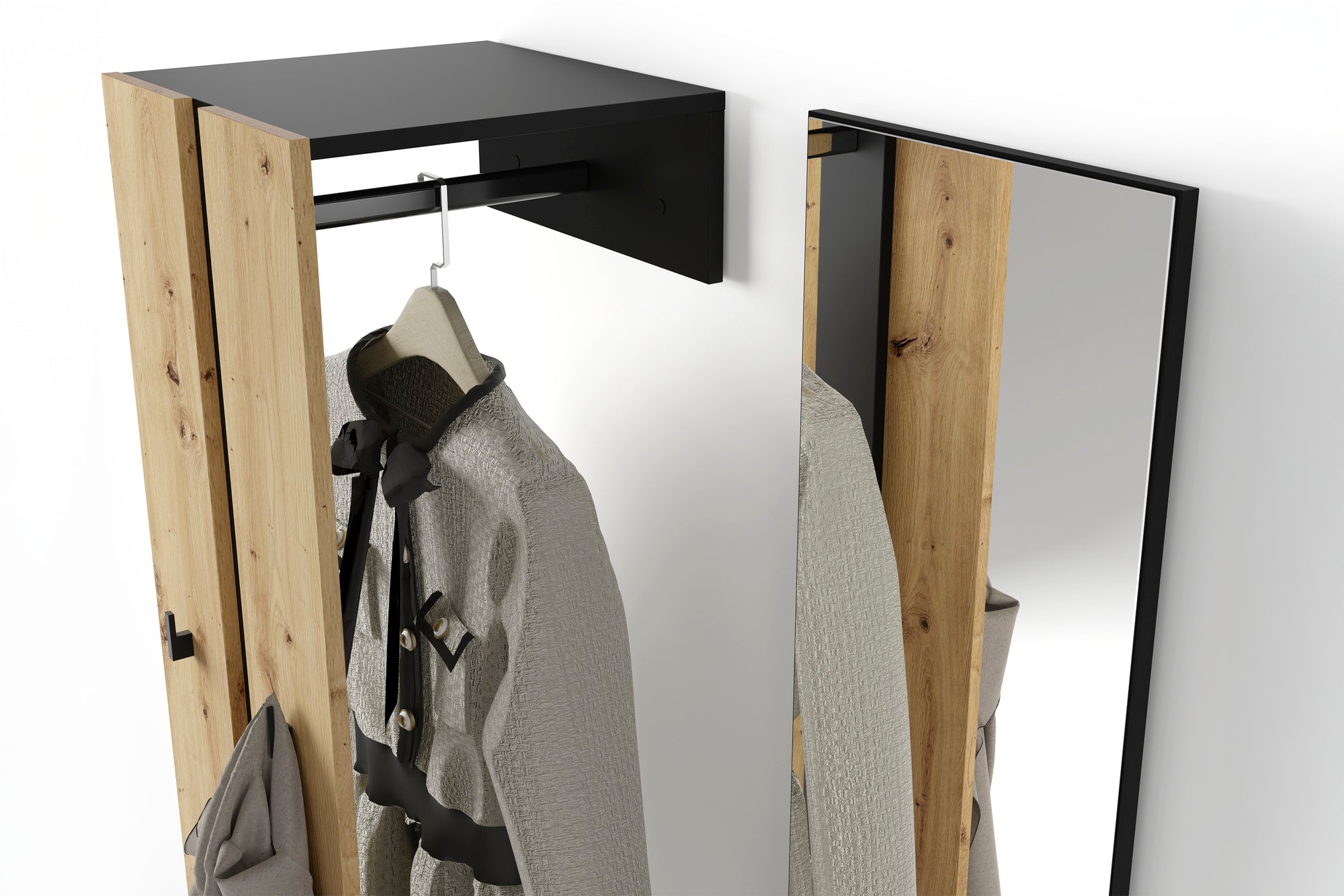 Kompaktgarderobe NANTE / Artisan Eiche (Eiche-Optik) oder weiß, Absetzung in schwarz / Spiegel, Kleiderstange, offene Fächer / Garderobenmöbel / Flurgarderobe / Maße: B 100, H 186, T 40 cm