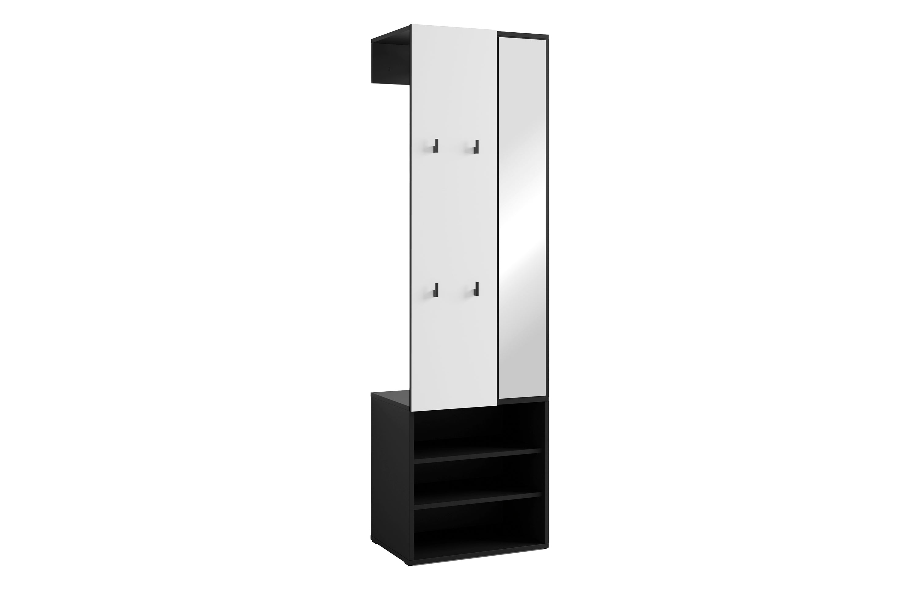 Kompaktgarderobe ANDORRA / Artisan Eiche (Eiche-Optik) oder weiß mit schwarz / Spiegel, Kleiderstange und Schuhfächer / Garderobenschrank / Flurgarderobe / Maße: B 55, H 187,5, T 40,5 cm